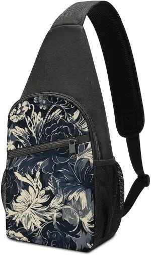 Sling Backpack for Women Men Crossbody Chest Bag Travel Black Flower Pattern Daypack Shoulder Bag for Hiking