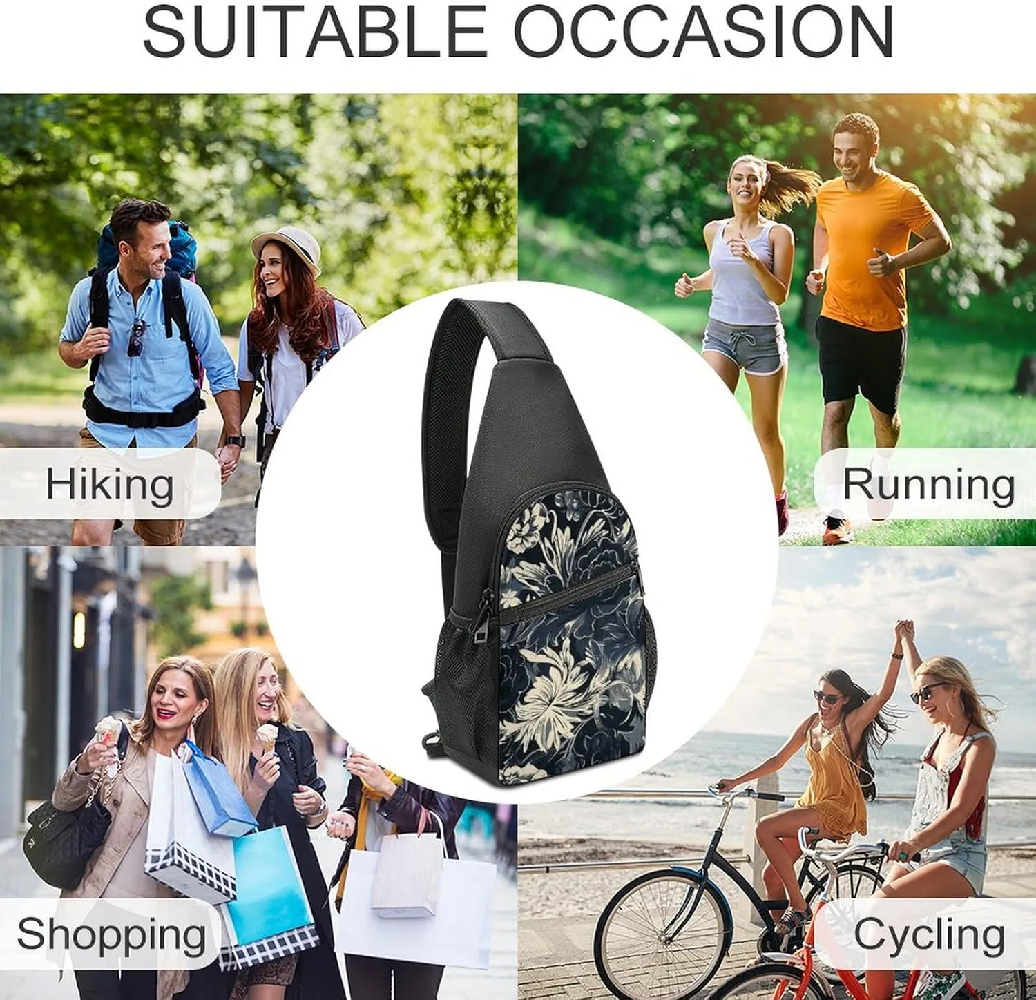 Sling Backpack for Women Men Crossbody Chest Bag Travel Black Flower Pattern Daypack Shoulder Bag for Hiking