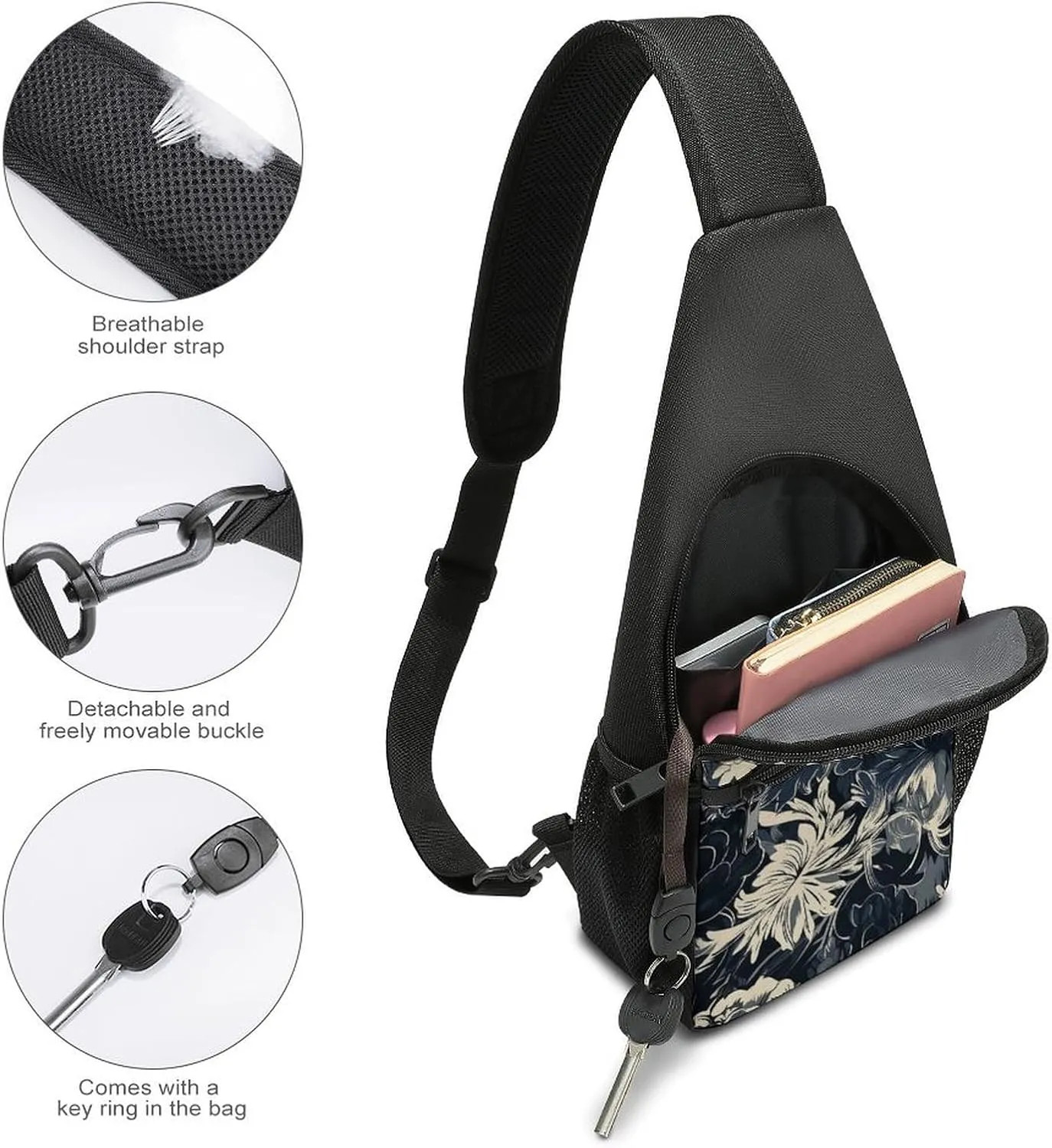 Sling Backpack for Women Men Crossbody Chest Bag Travel Black Flower Pattern Daypack Shoulder Bag for Hiking