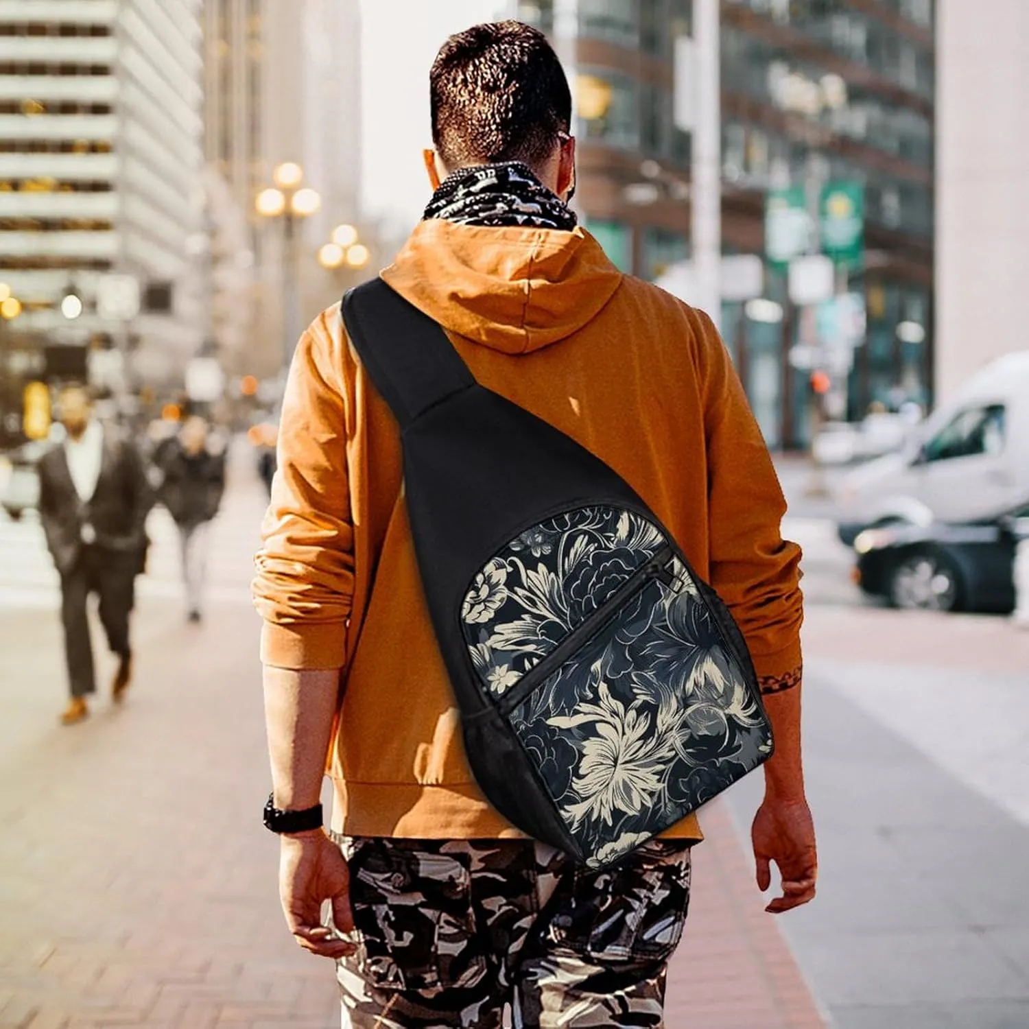 Sling Backpack for Women Men Crossbody Chest Bag Travel Black Flower Pattern Daypack Shoulder Bag for Hiking