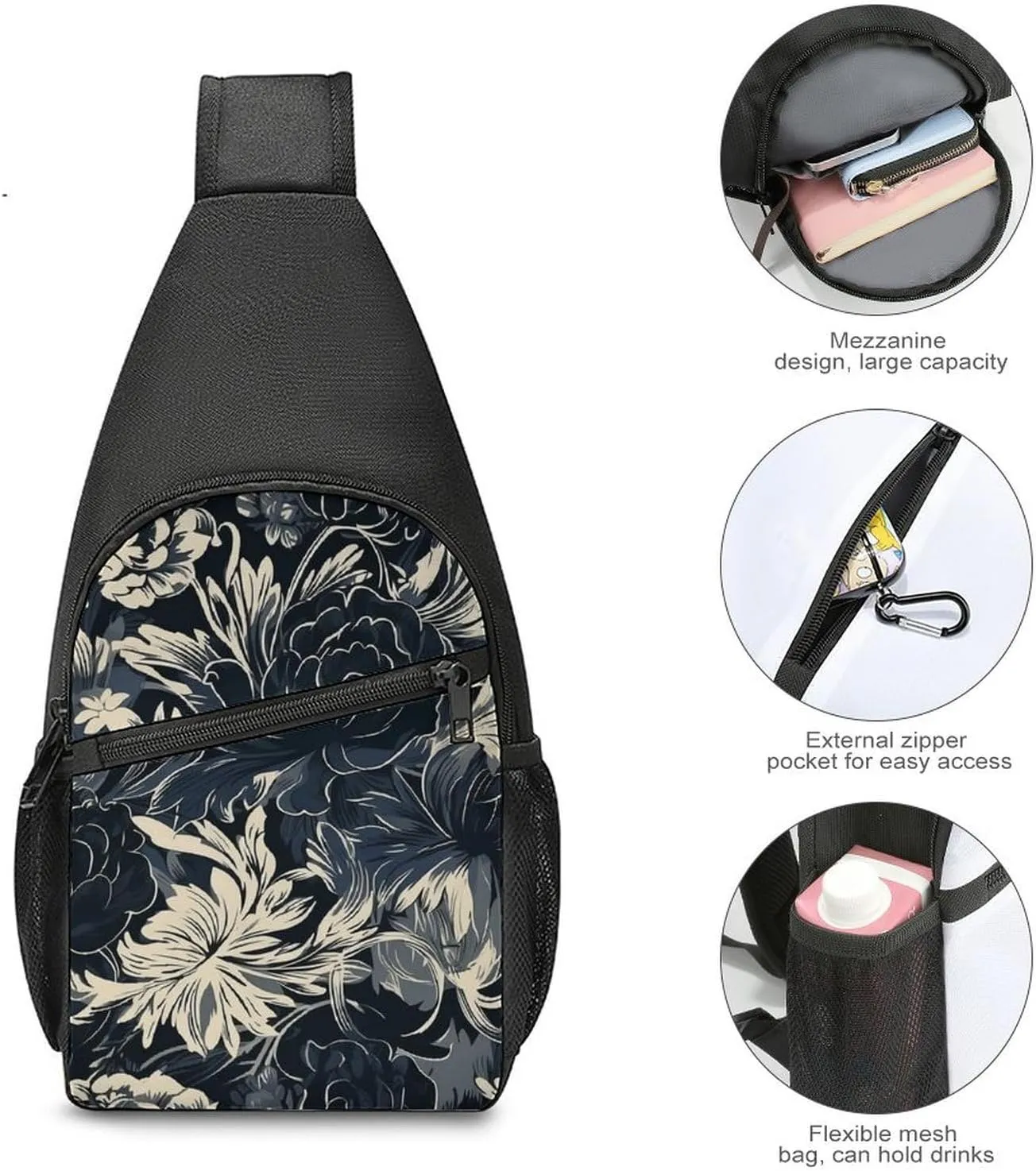 Sling Backpack for Women Men Crossbody Chest Bag Travel Black Flower Pattern Daypack Shoulder Bag for Hiking