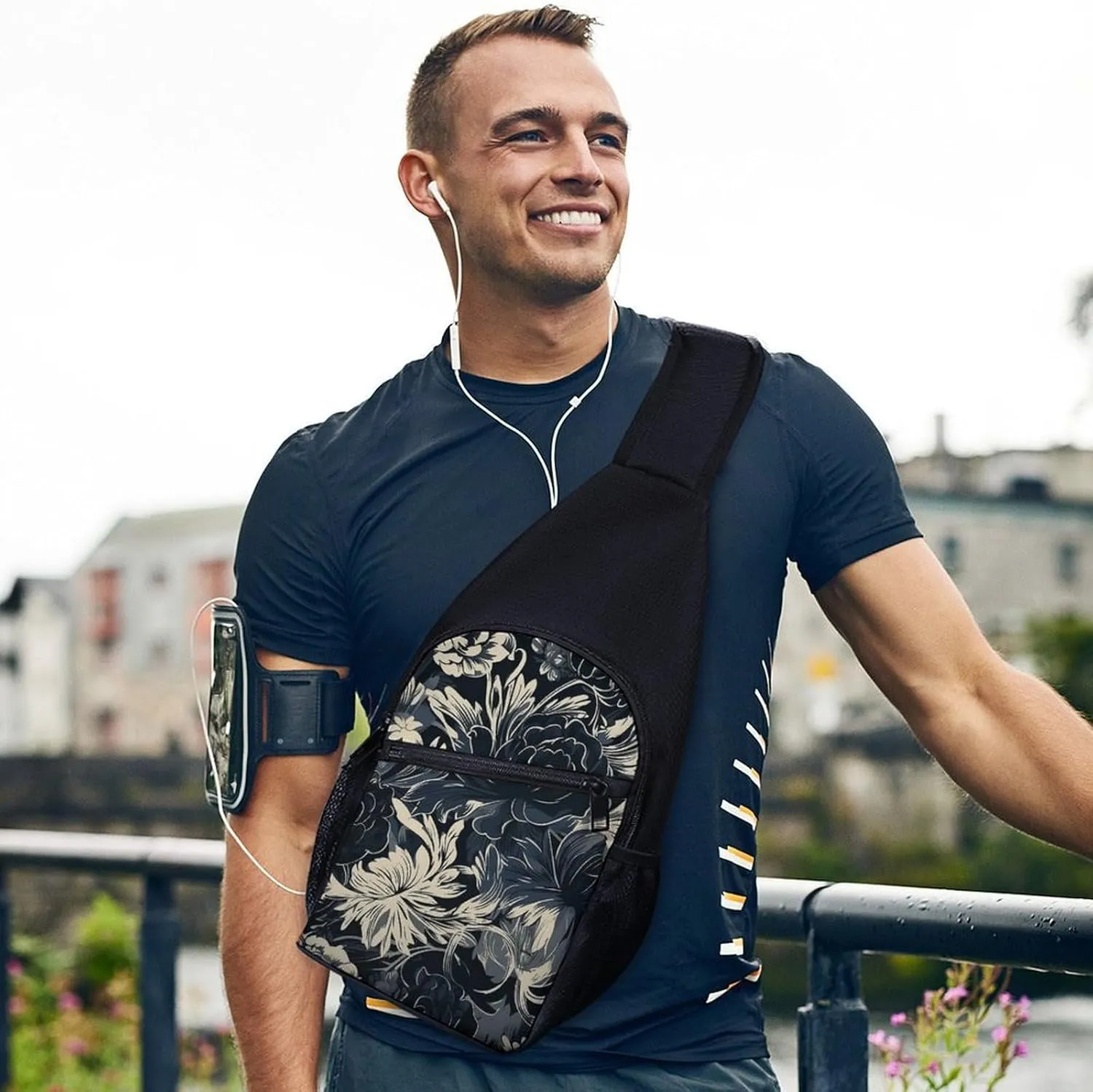 Sling Backpack for Women Men Crossbody Chest Bag Travel Black Flower Pattern Daypack Shoulder Bag for Hiking