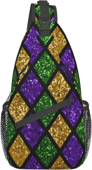 Sling Bag Casual Shoulder Backpack Lightweight Green Purple Gold Glitter Pattern Mardi Gras Chest Package With Adjustable Strap Multipurpose Sling Bag