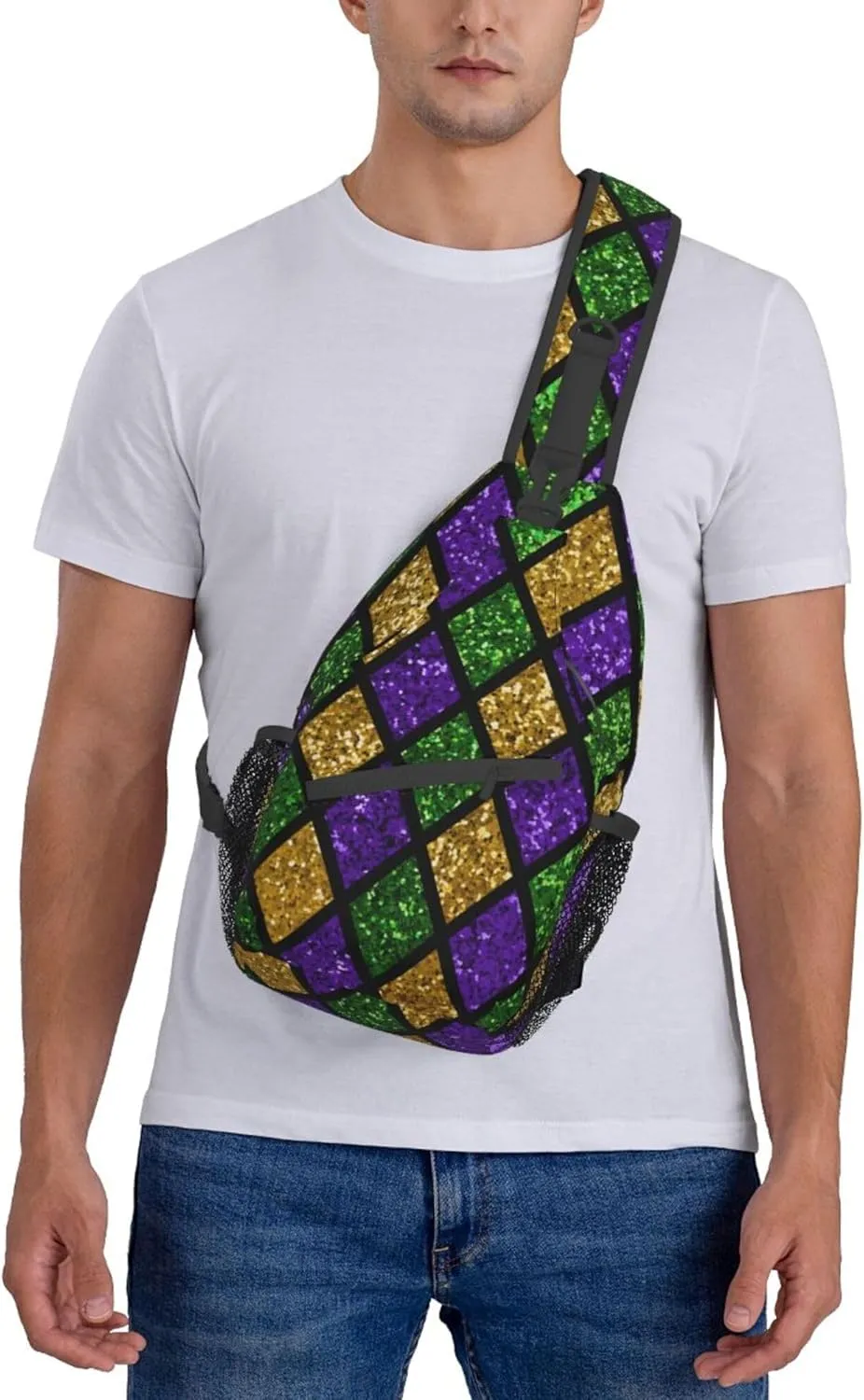 Sling Bag Casual Shoulder Backpack Lightweight Green Purple Gold Glitter Pattern Mardi Gras Chest Package With Adjustable Strap Multipurpose Sling Bag