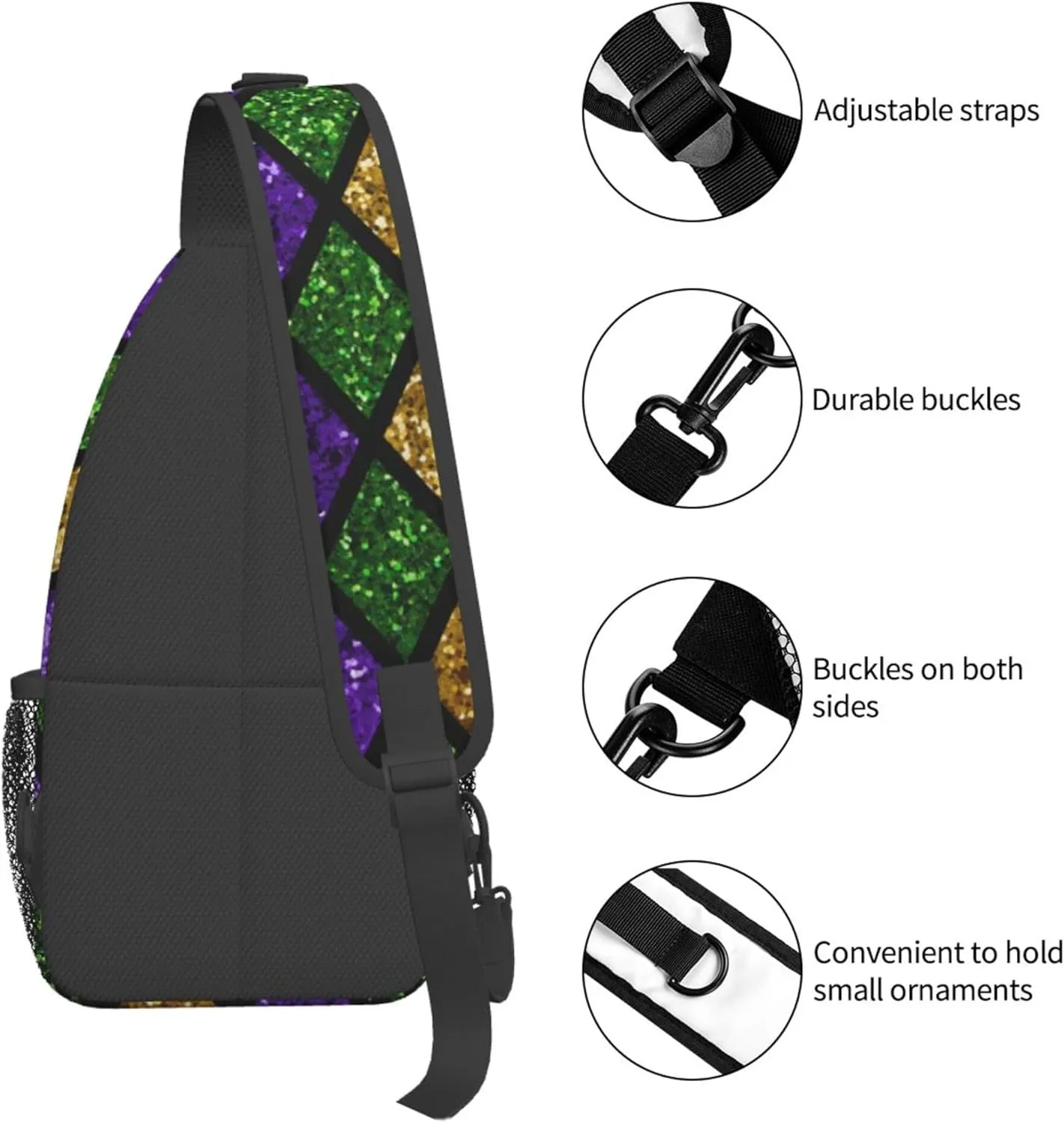 Sling Bag Casual Shoulder Backpack Lightweight Green Purple Gold Glitter Pattern Mardi Gras Chest Package With Adjustable Strap Multipurpose Sling Bag