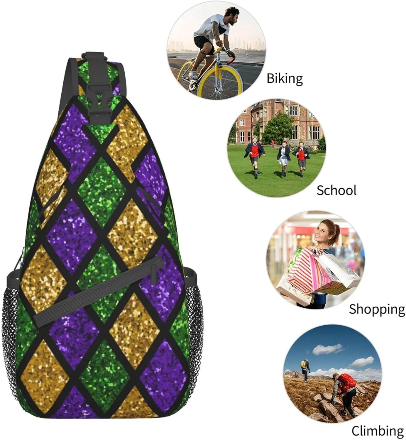 Sling Bag Casual Shoulder Backpack Lightweight Green Purple Gold Glitter Pattern Mardi Gras Chest Package With Adjustable Strap Multipurpose Sling Bag