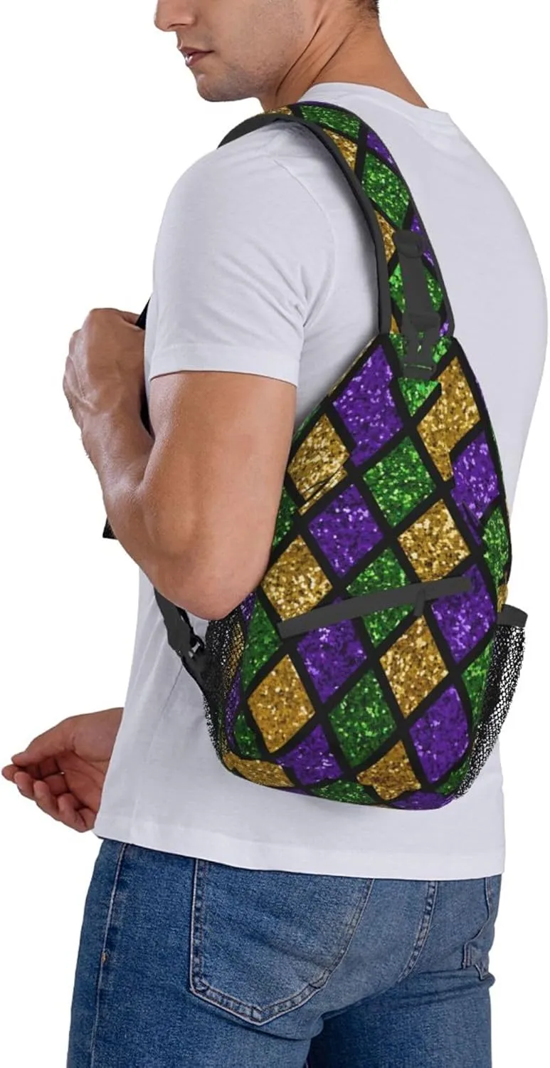 Sling Bag Casual Shoulder Backpack Lightweight Green Purple Gold Glitter Pattern Mardi Gras Chest Package With Adjustable Strap Multipurpose Sling Bag