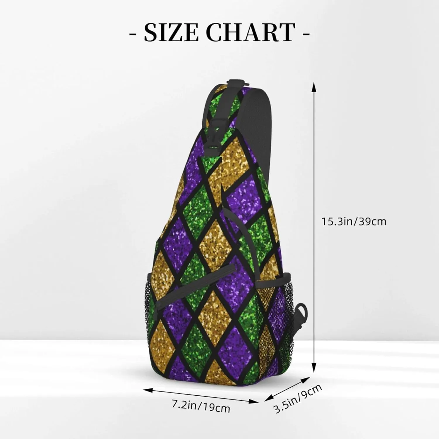 Sling Bag Casual Shoulder Backpack Lightweight Green Purple Gold Glitter Pattern Mardi Gras Chest Package With Adjustable Strap Multipurpose Sling Bag