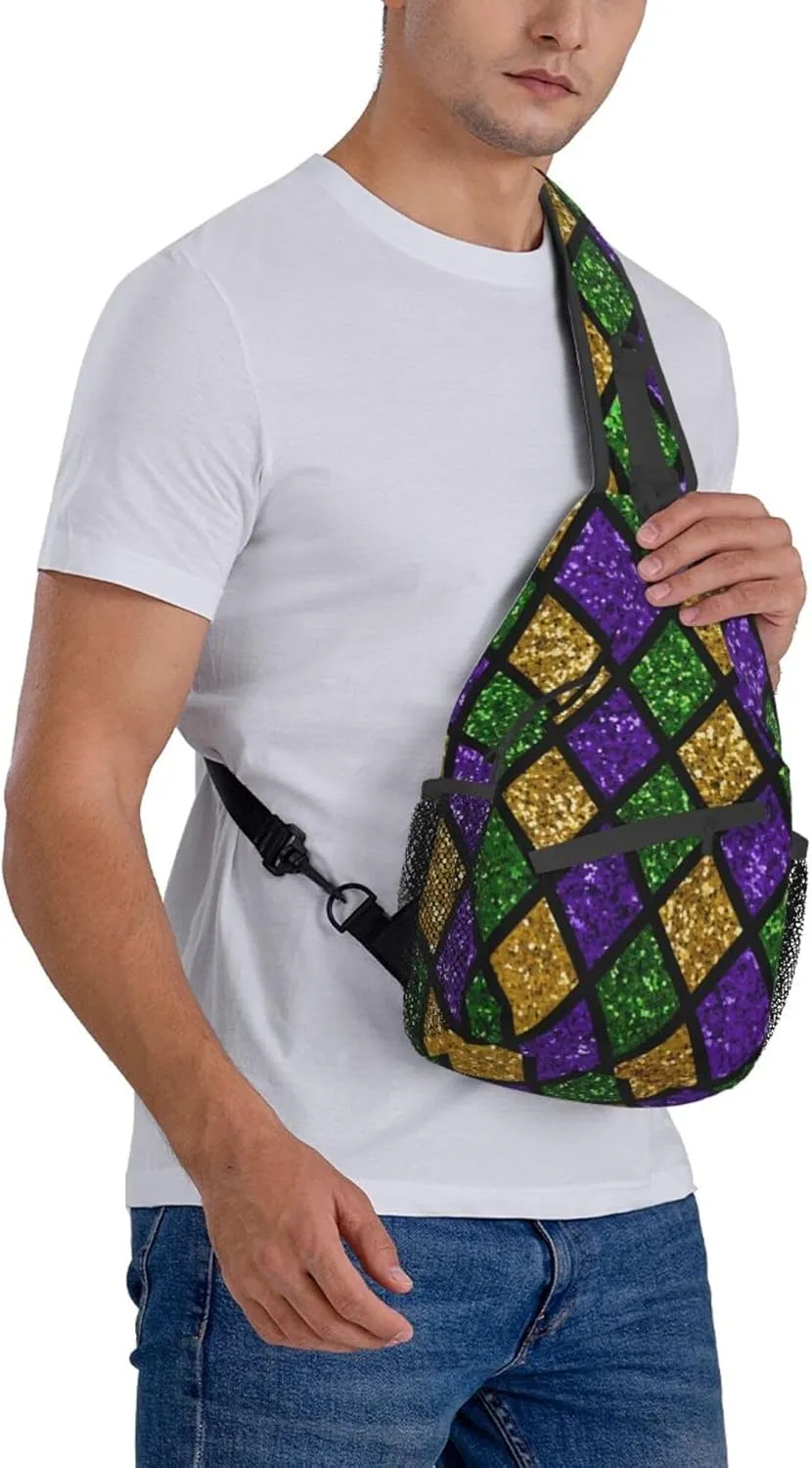 Sling Bag Casual Shoulder Backpack Lightweight Green Purple Gold Glitter Pattern Mardi Gras Chest Package With Adjustable Strap Multipurpose Sling Bag