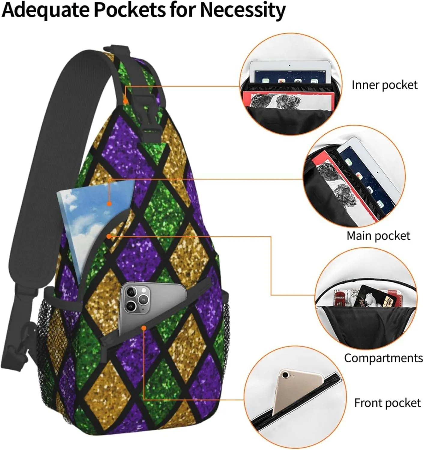 Sling Bag Casual Shoulder Backpack Lightweight Green Purple Gold Glitter Pattern Mardi Gras Chest Package With Adjustable Strap Multipurpose Sling Bag