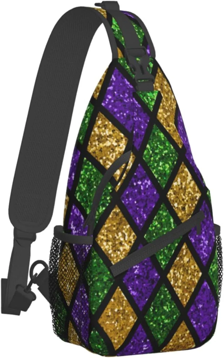 Sling Bag Casual Shoulder Backpack Lightweight Green Purple Gold Glitter Pattern Mardi Gras Chest Package With Adjustable Strap Multipurpose Sling Bag