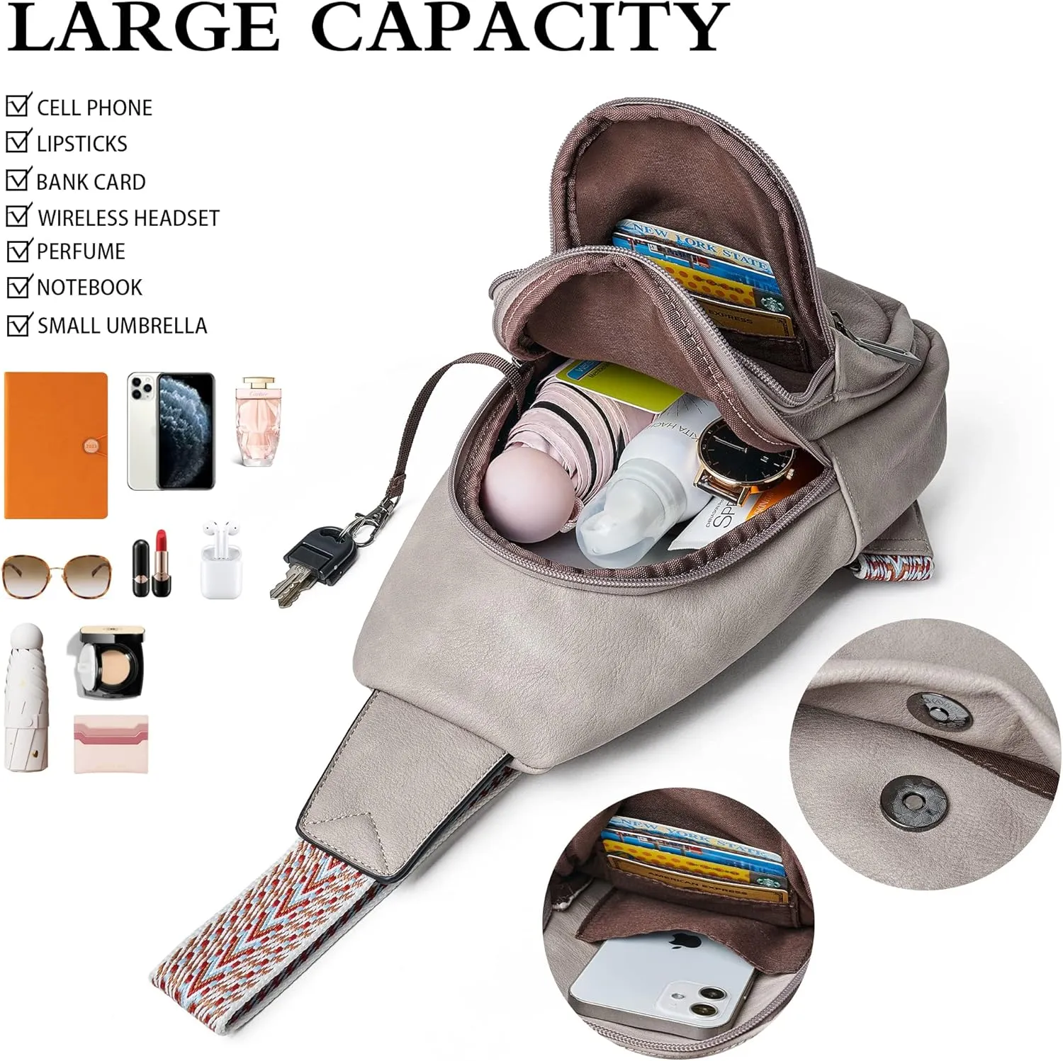 Sling Bag Crossbody Bags for Women for Travel, 3.5 x 10.5 x 6(L x H x W),Adjustable Straps 22.5 to 44 inch