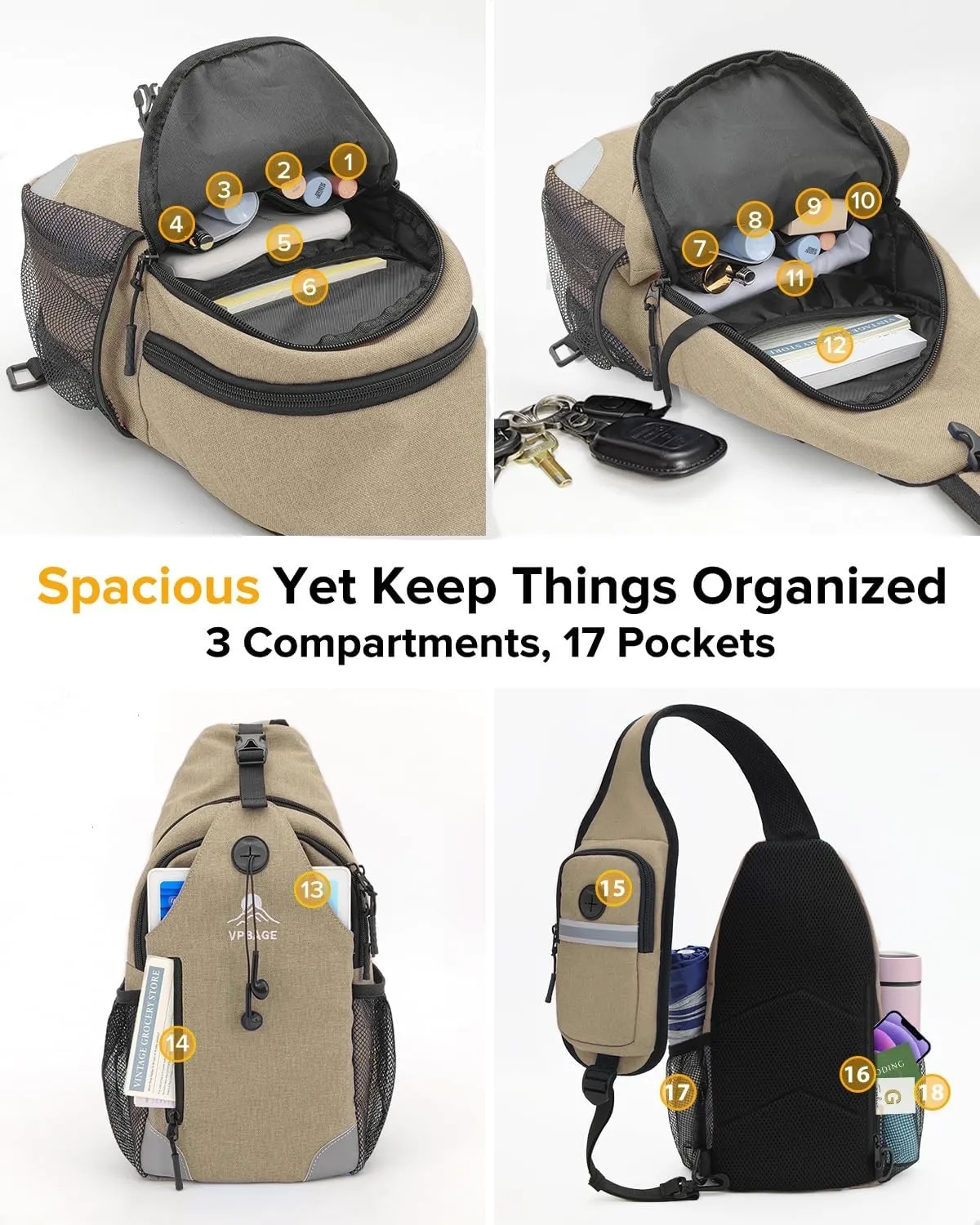 Sling Bag for Men Women, Crossbody Hiking Daypack/Chest Bag/Shoulder Bag, Small Backpack Travel, with Chest Phone Holder