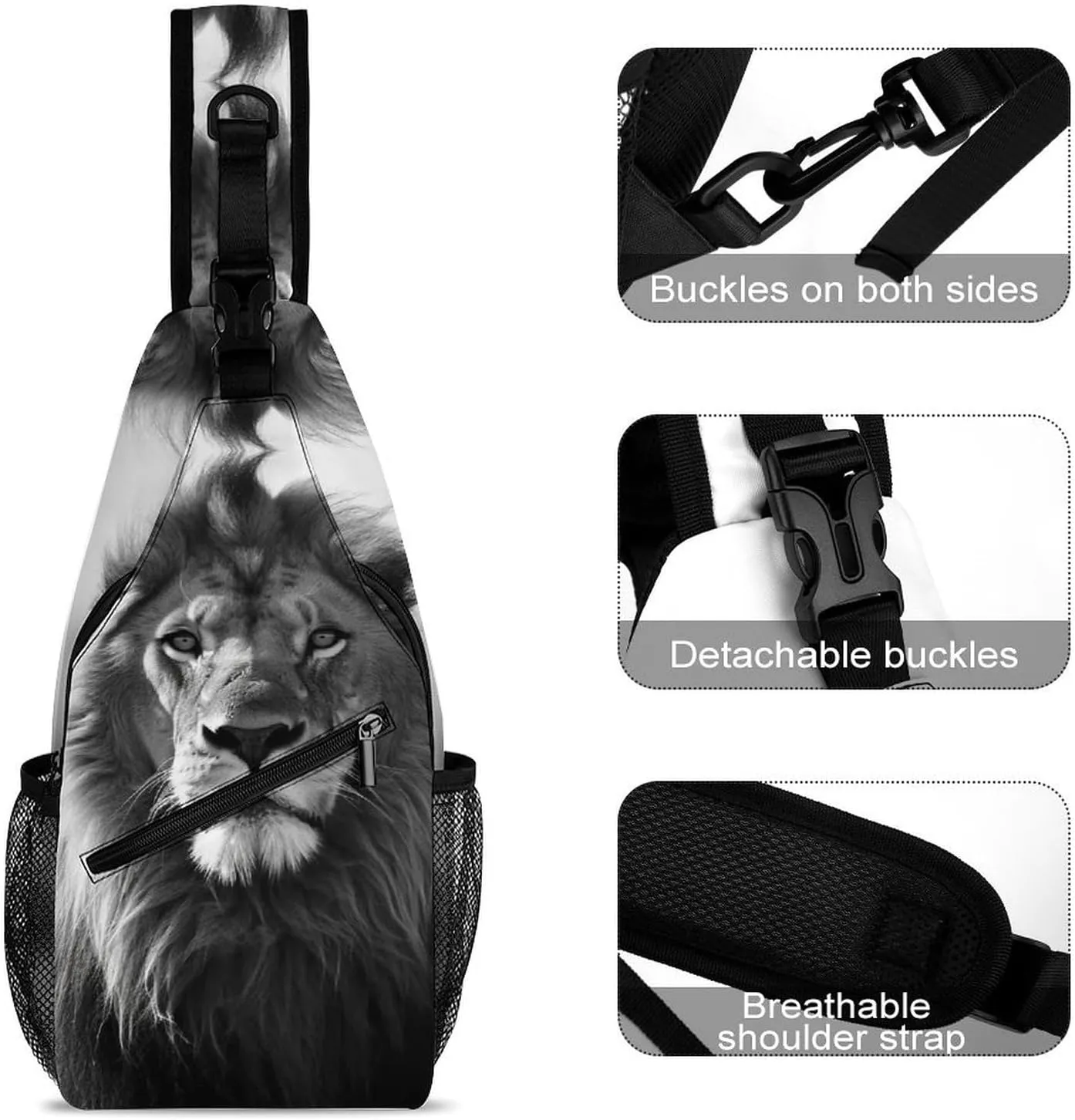 Sling Bag for Women Men African Lion Black And White Travel Hiking Backpack Crossbody Shoulder Chest Bags Casual Daypack
