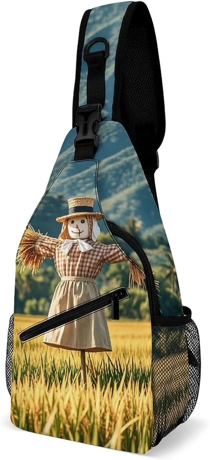 Sling Bag for Women Men Chest Bag Scarecrow in A Rice Field Crossbody Bag Small Sling Backpack Daypack Fanny Packs