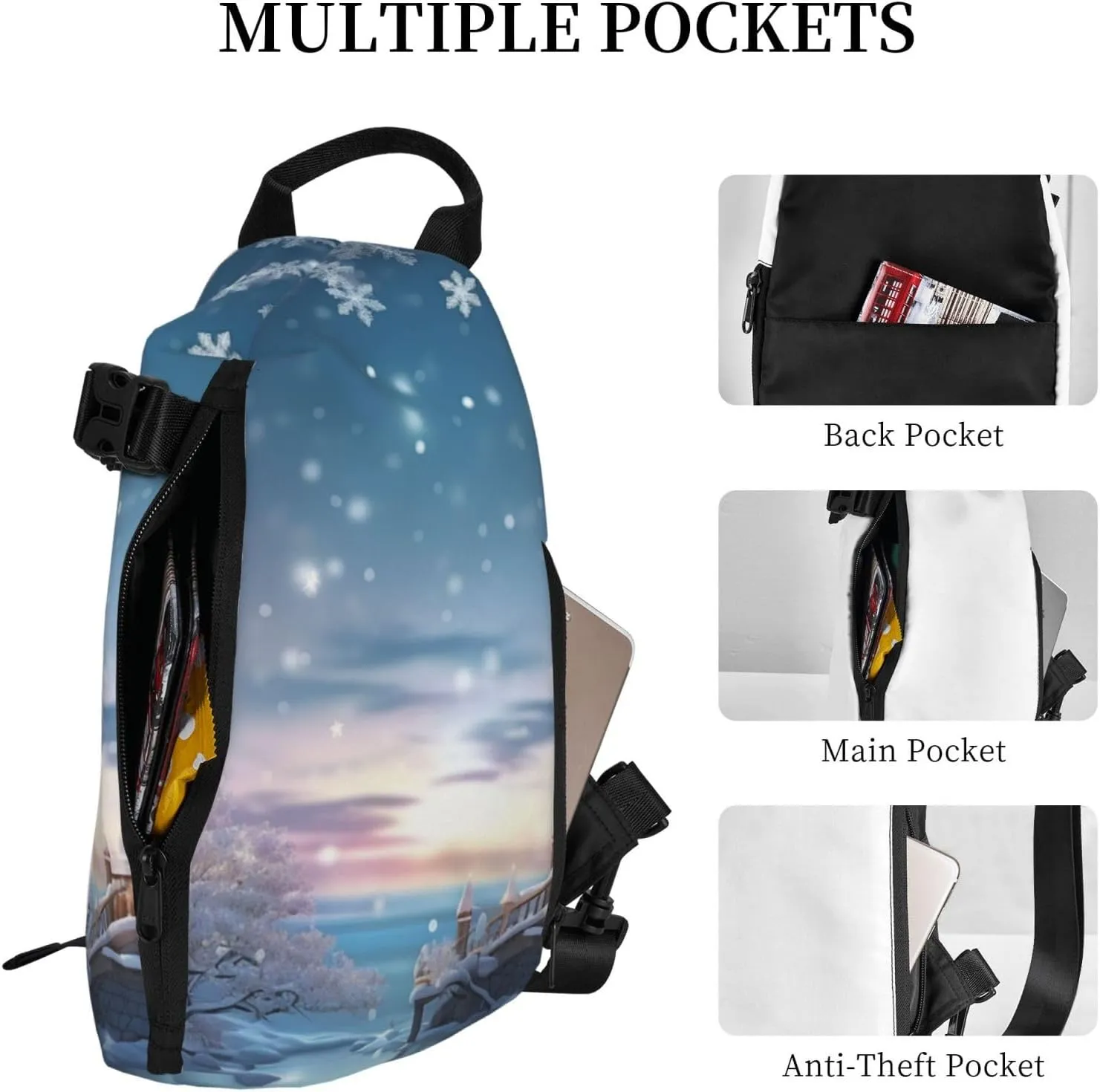 Sling Bag for Women Men Shoulder Bag Winter X-mas Chest Bag Travel Fanny Pack Lightweight Casual Daypack, Winter Party, One Size