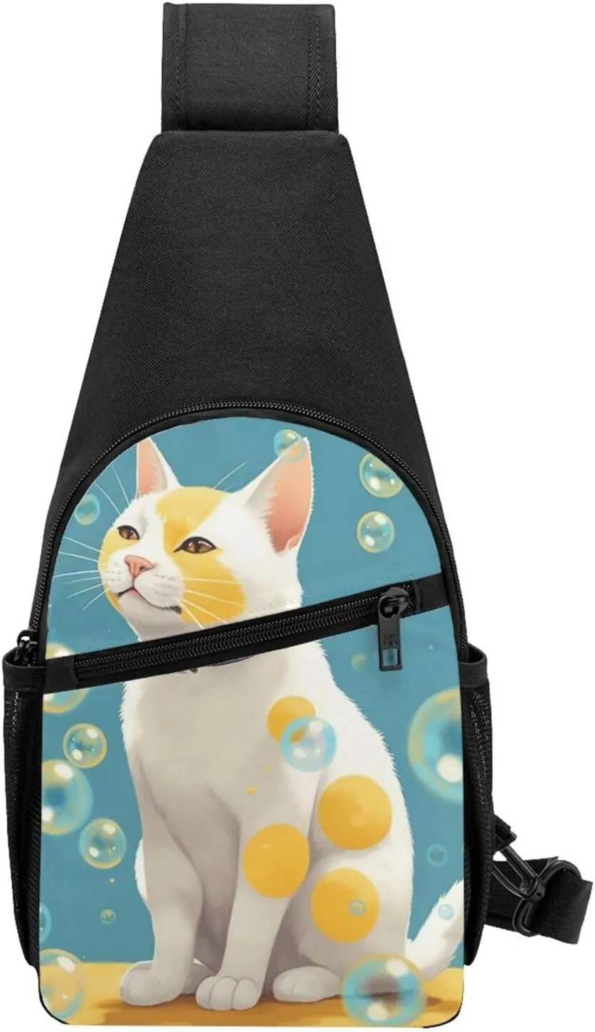 Sling bag for Women Men Trendy Sling Bakpack Casual Chest Bag Many Bubbles and a Cat Fanny Pack for Travel Hiking