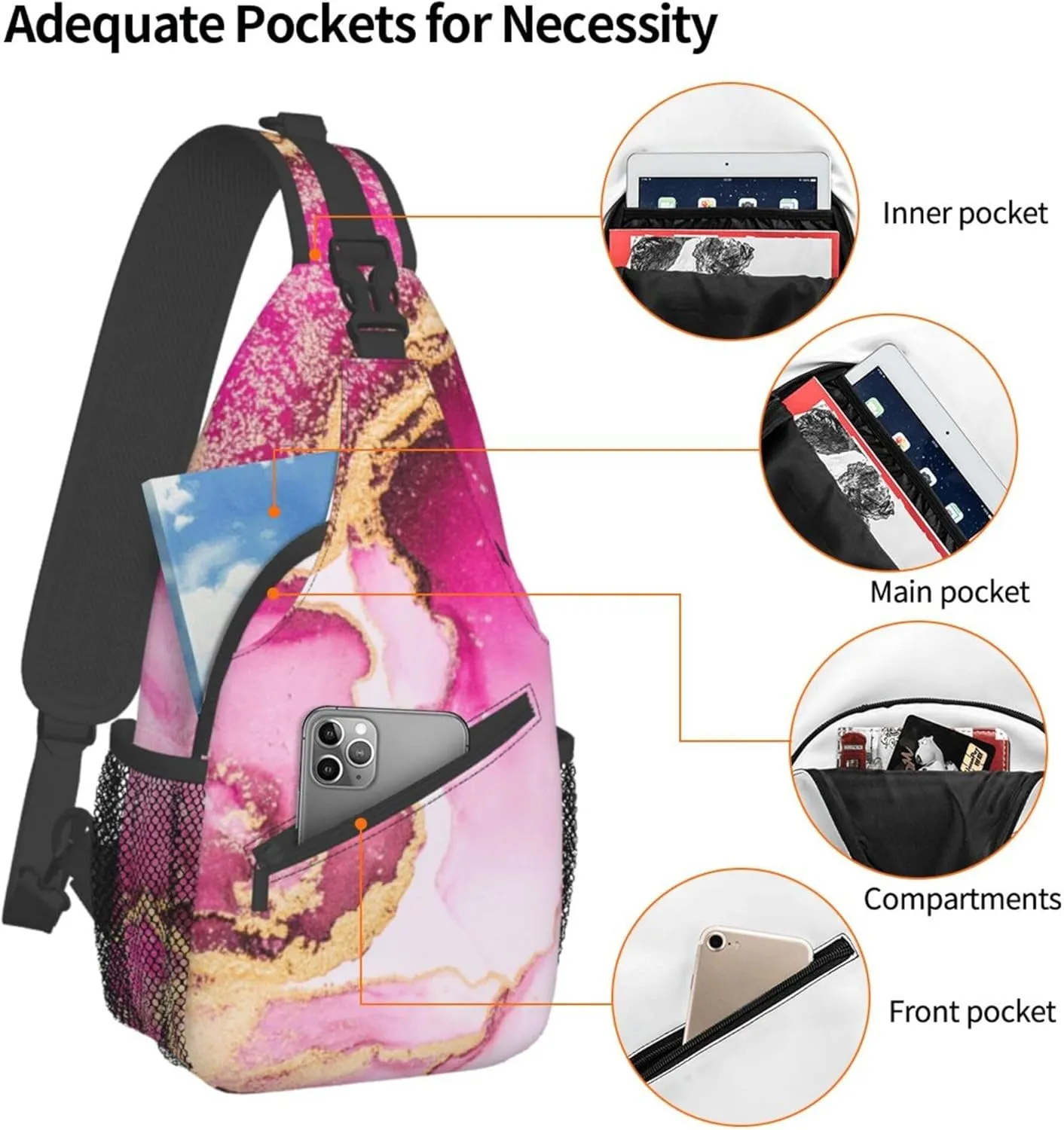 Sling Bag Multipurpose Crossbody Bags Casual Pink gold marble ink art painting watercolor Sling Bag Anti-Theft Sling Backpack With Adjustable Strap