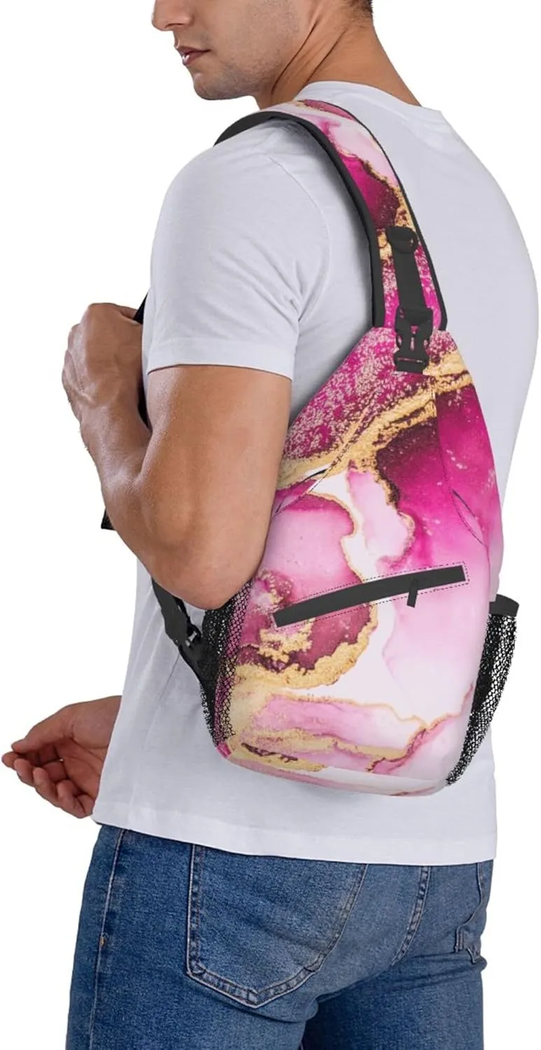 Sling Bag Multipurpose Crossbody Bags Casual Pink gold marble ink art painting watercolor Sling Bag Anti-Theft Sling Backpack With Adjustable Strap