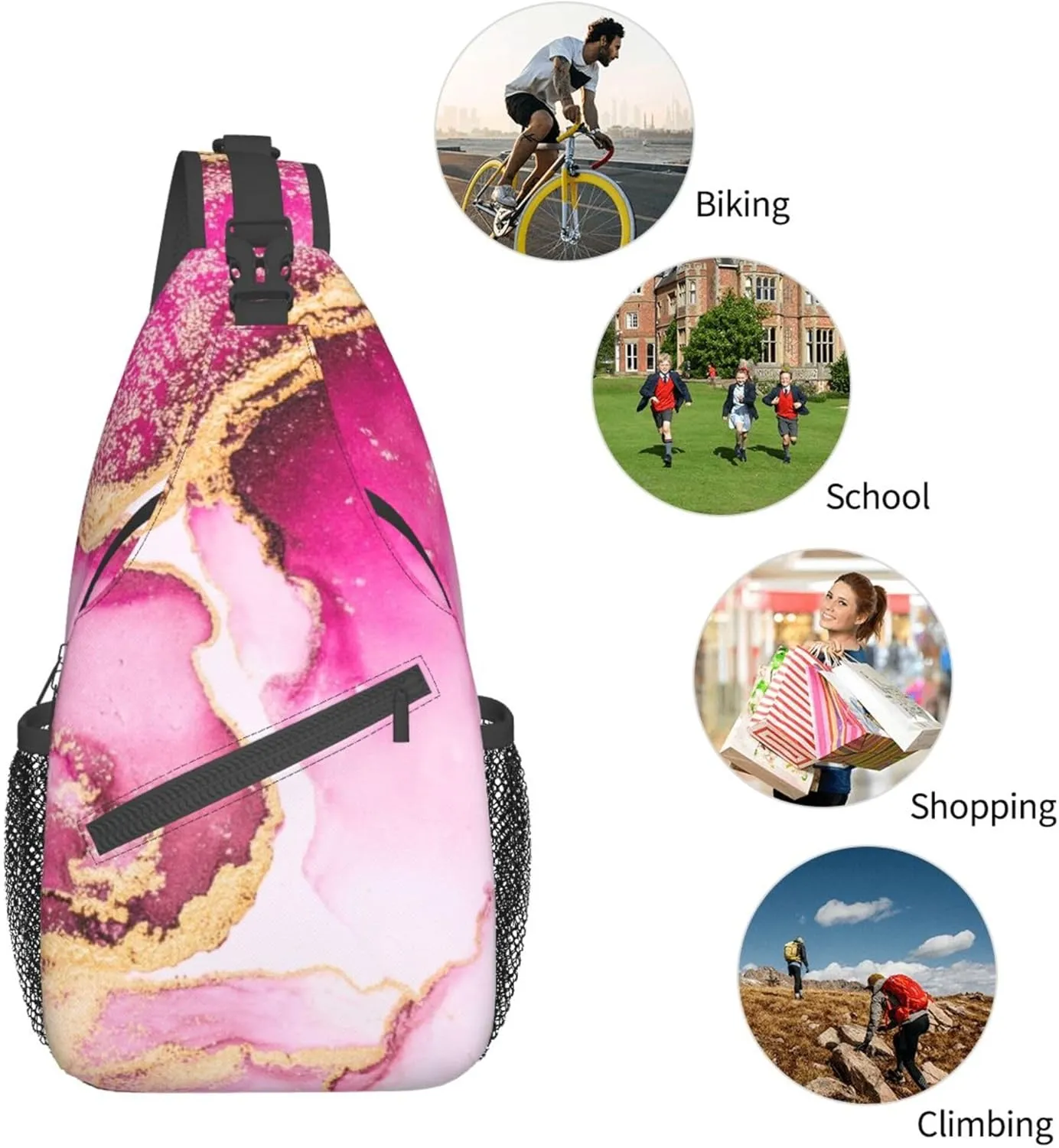 Sling Bag Multipurpose Crossbody Bags Casual Pink gold marble ink art painting watercolor Sling Bag Anti-Theft Sling Backpack With Adjustable Strap