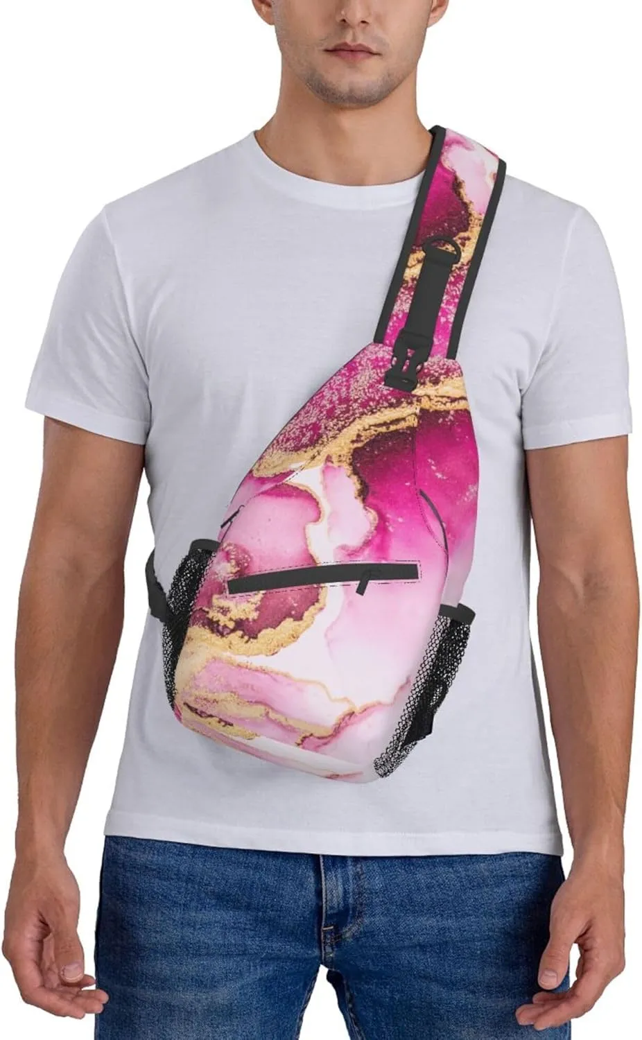 Sling Bag Multipurpose Crossbody Bags Casual Pink gold marble ink art painting watercolor Sling Bag Anti-Theft Sling Backpack With Adjustable Strap