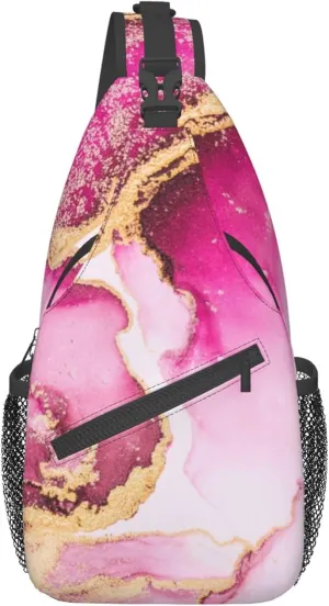 Sling Bag Multipurpose Crossbody Bags Casual Pink gold marble ink art painting watercolor Sling Bag Anti-Theft Sling Backpack With Adjustable Strap