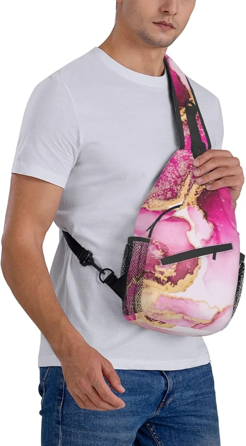 Sling Bag Multipurpose Crossbody Bags Casual Pink gold marble ink art painting watercolor Sling Bag Anti-Theft Sling Backpack With Adjustable Strap