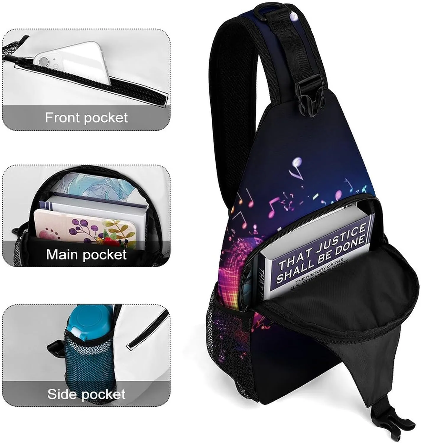 Sling Shoulder Backpack for Men Women Anti-Theft Multipurpose Travel Backpack Camping Outdoor Bag, Colorful Neon Music Notes Crossbody Daypacks Shoulder Packs
