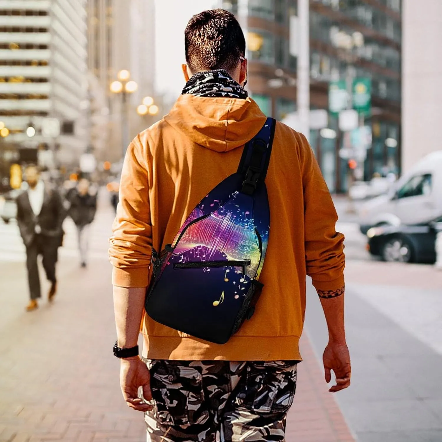 Sling Shoulder Backpack for Men Women Anti-Theft Multipurpose Travel Backpack Camping Outdoor Bag, Colorful Neon Music Notes Crossbody Daypacks Shoulder Packs