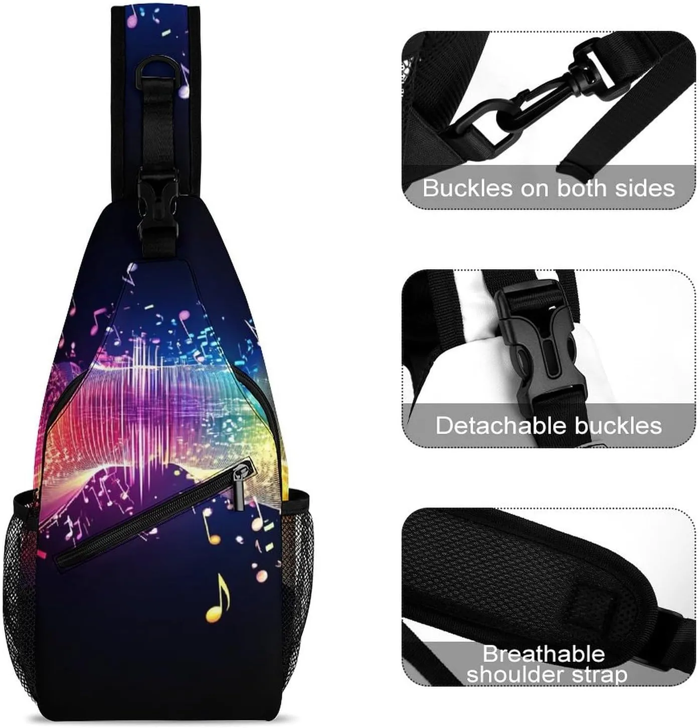 Sling Shoulder Backpack for Men Women Anti-Theft Multipurpose Travel Backpack Camping Outdoor Bag, Colorful Neon Music Notes Crossbody Daypacks Shoulder Packs