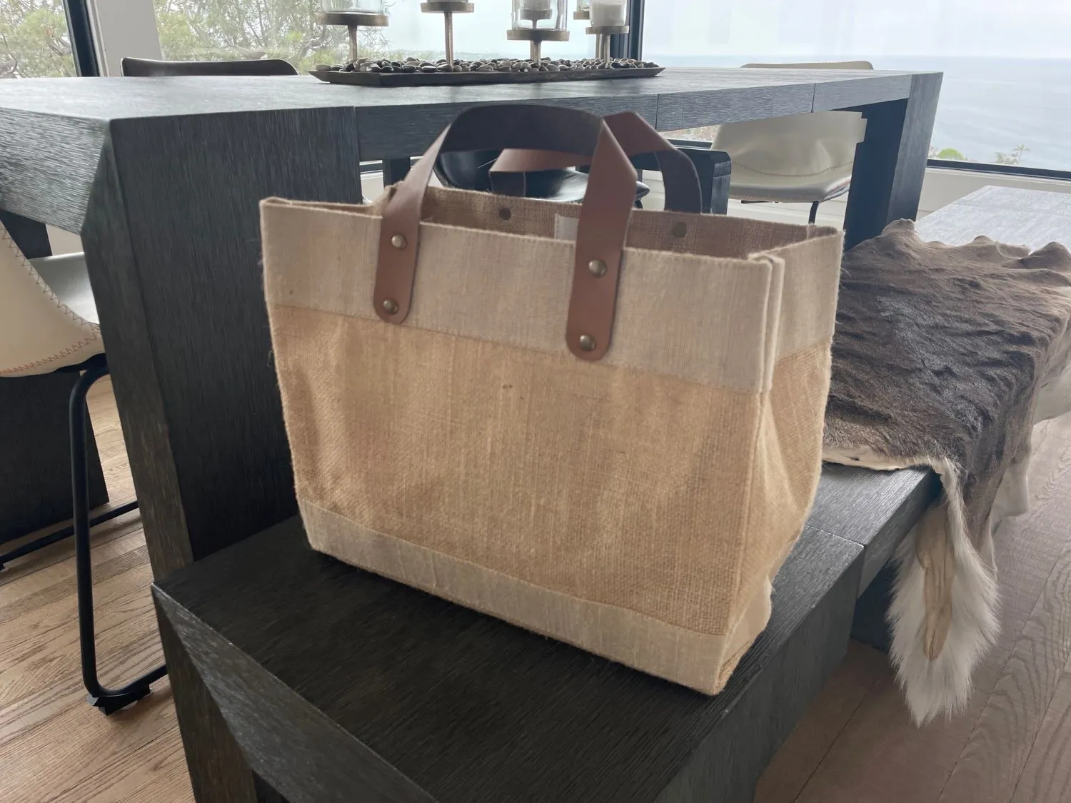 Small Burlap Tote Bags With Leather Handles & Inner Pocket (12.5" x 5.5" x 9.5") - 100% Natural Jute