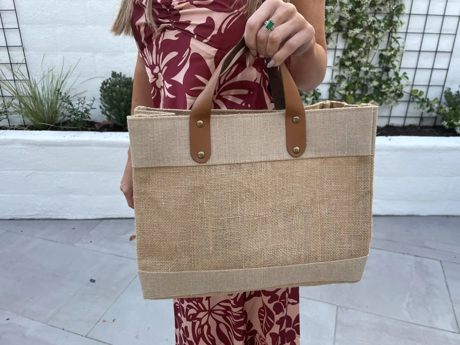 Small Burlap Tote Bags With Leather Handles & Inner Pocket (12.5" x 5.5" x 9.5") - 100% Natural Jute