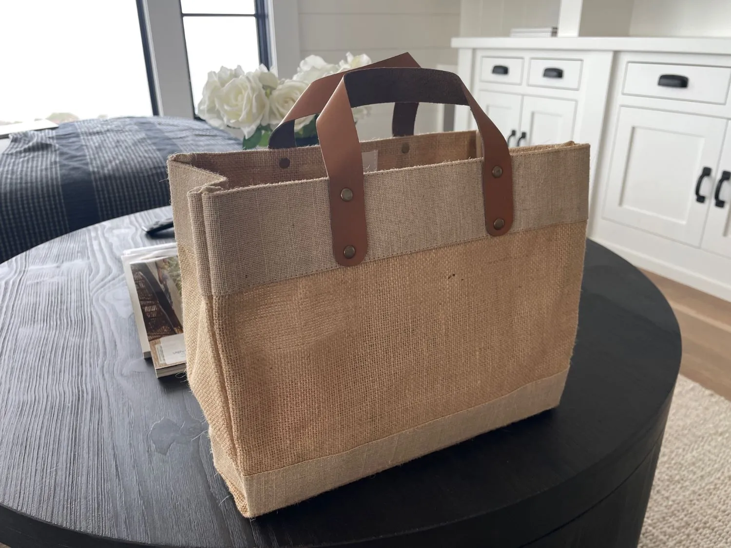Small Burlap Tote Bags With Leather Handles & Inner Pocket (12.5" x 5.5" x 9.5") - 100% Natural Jute