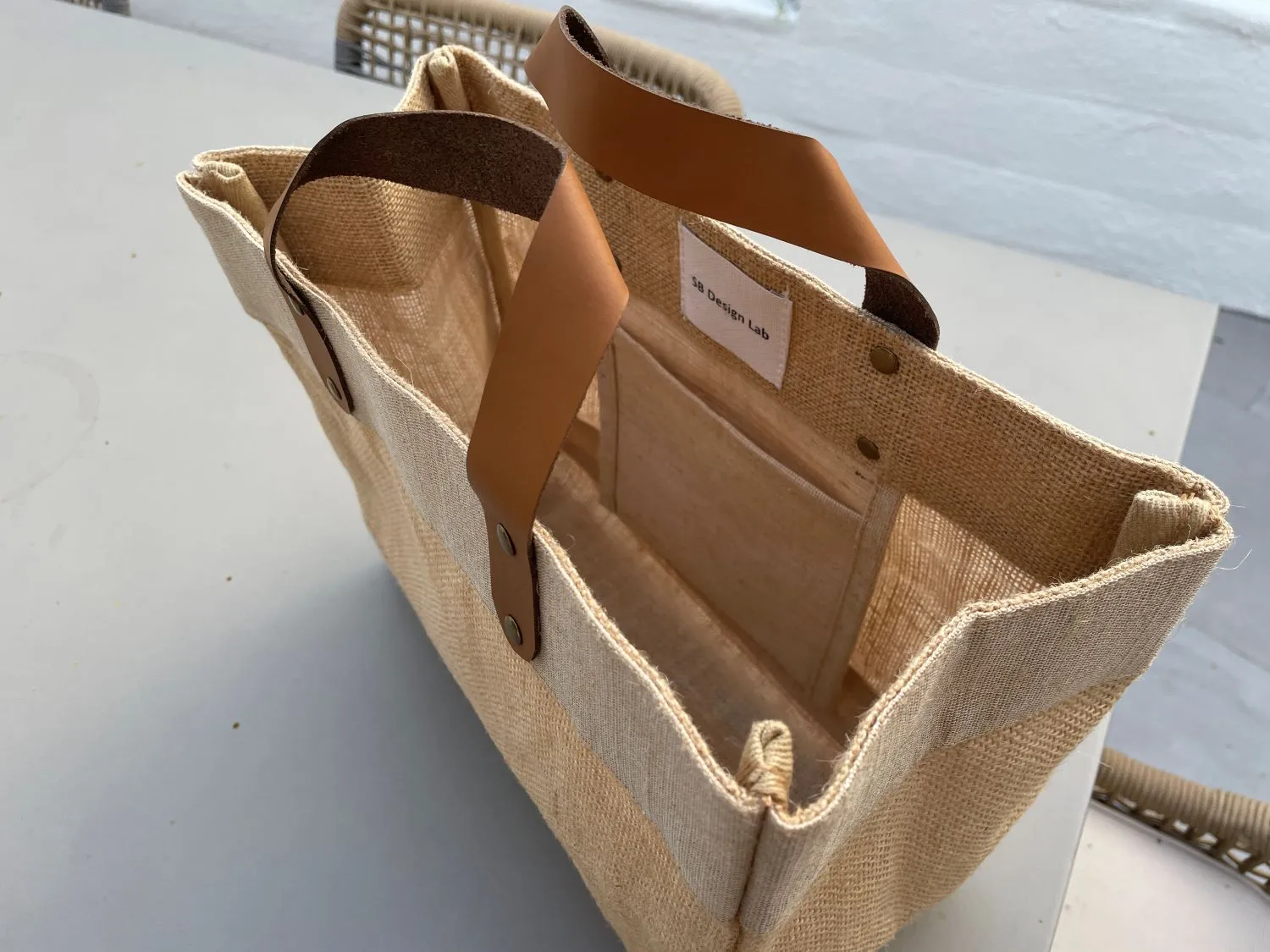 Small Burlap Tote Bags With Leather Handles & Inner Pocket (12.5" x 5.5" x 9.5") - 100% Natural Jute