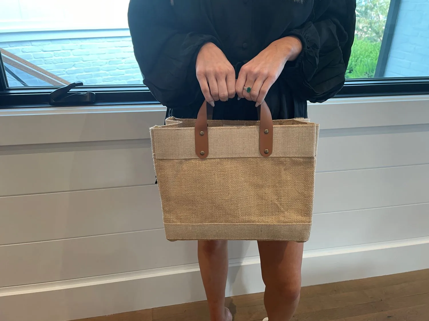 Small Burlap Tote Bags With Leather Handles & Inner Pocket (12.5" x 5.5" x 9.5") - 100% Natural Jute