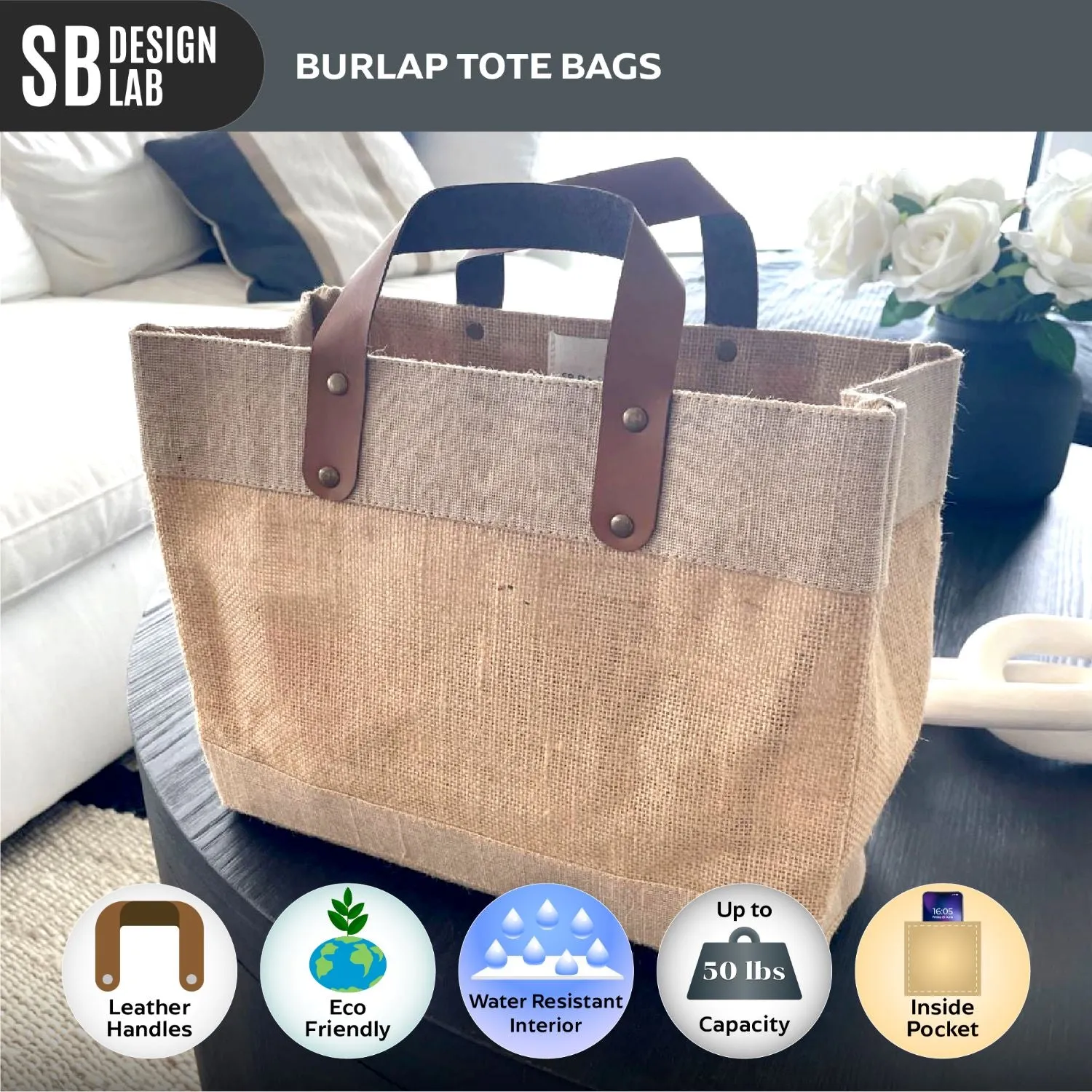 Small Burlap Tote Bags With Leather Handles & Inner Pocket (12.5" x 5.5" x 9.5") - 100% Natural Jute