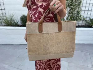 Small Burlap Tote Bags With Leather Handles & Inner Pocket (12.5" x 5.5" x 9.5") - 100% Natural Jute