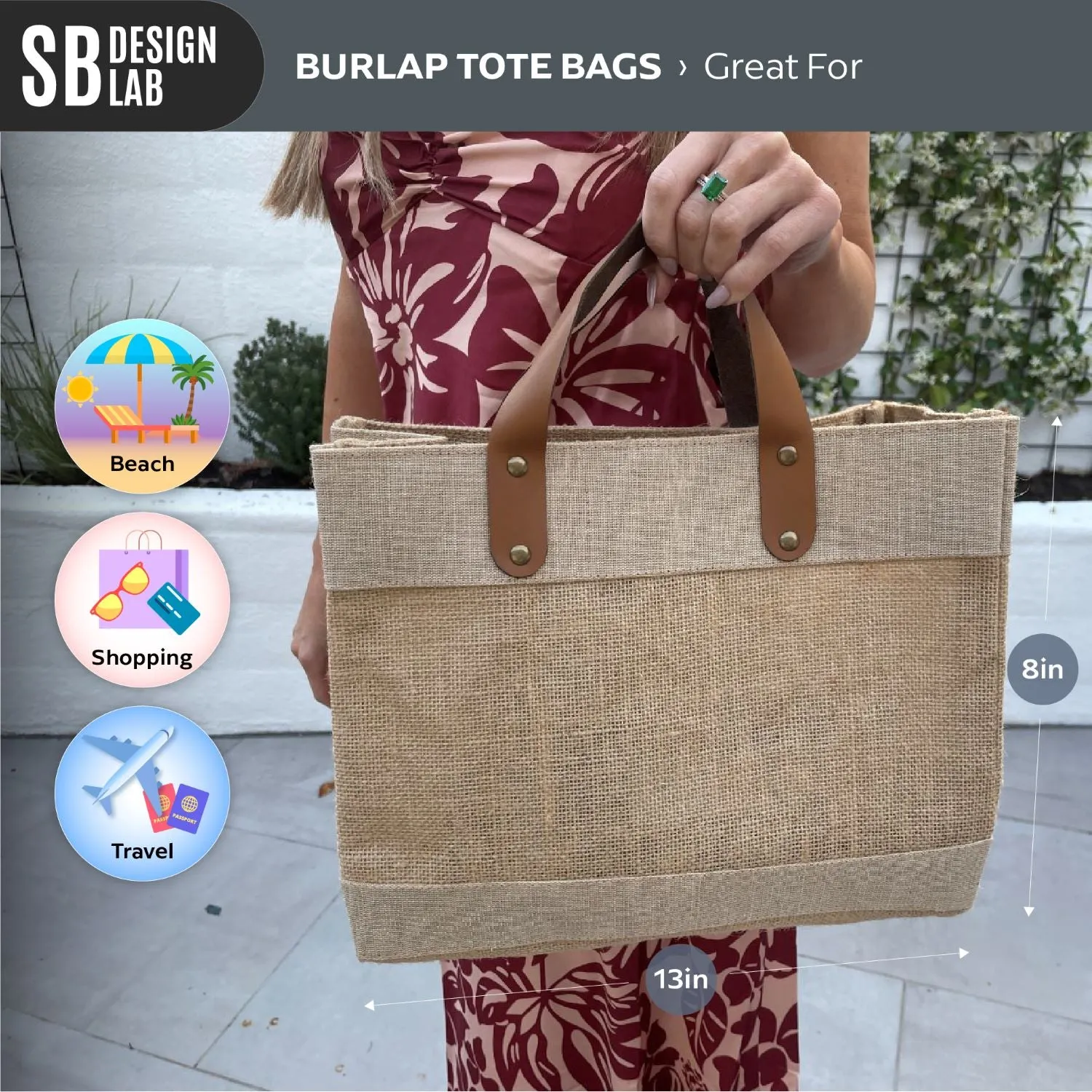 Small Burlap Tote Bags With Leather Handles & Inner Pocket (12.5" x 5.5" x 9.5") - 100% Natural Jute
