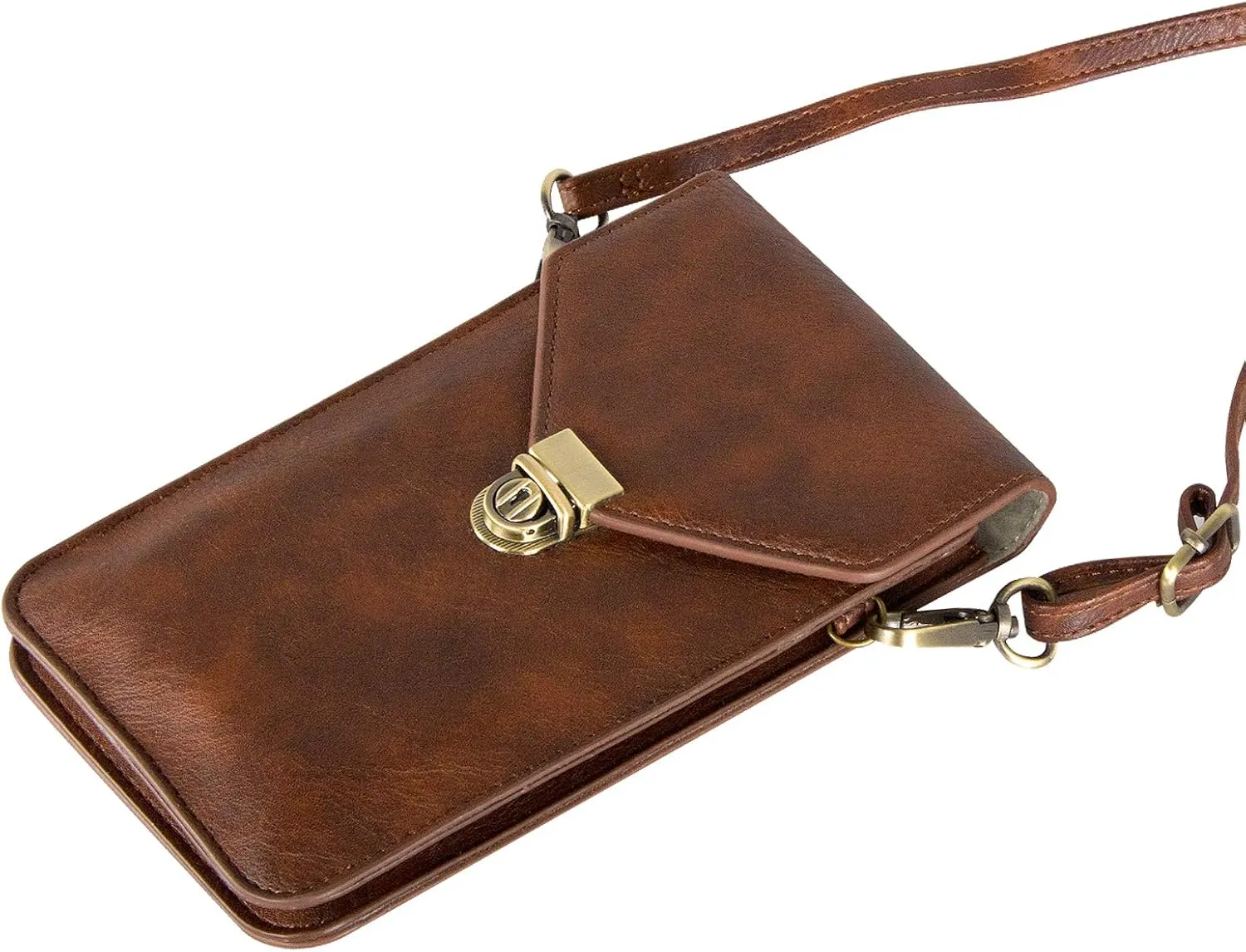Small Cell Phone Purse, Synthetic Leather Crossbody Bag Dual Pockets Card Holder Neck Pouch with Adjustable Strap for iPhone X Xr 8 7 6s Plus, Galaxy S10 S9 S8 Plus, LG G8 ThinQ, Brown