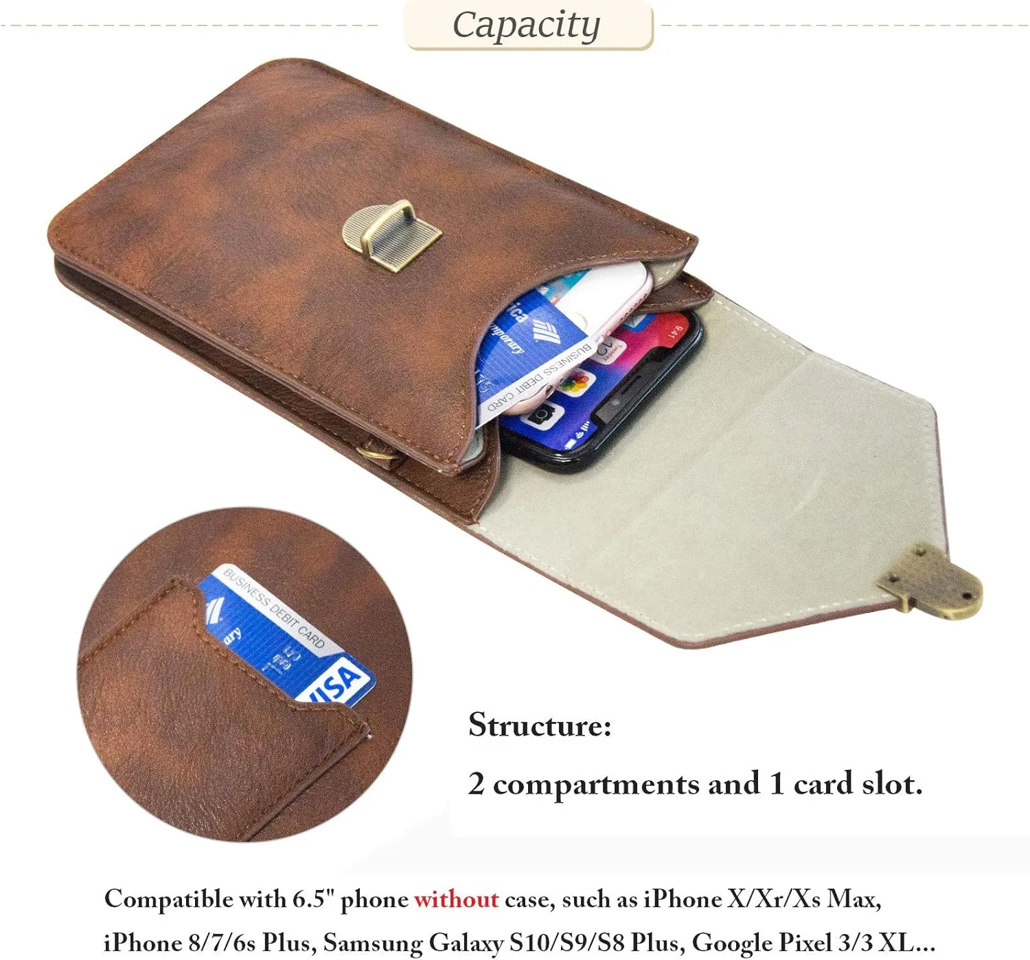 Small Cell Phone Purse, Synthetic Leather Crossbody Bag Dual Pockets Card Holder Neck Pouch with Adjustable Strap for iPhone X Xr 8 7 6s Plus, Galaxy S10 S9 S8 Plus, LG G8 ThinQ, Brown
