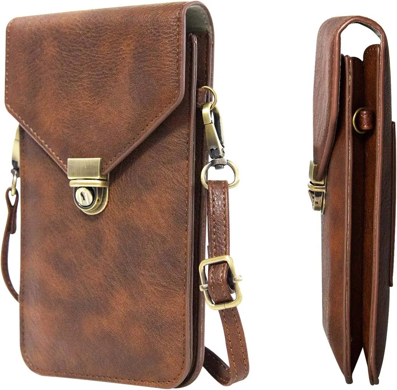 Small Cell Phone Purse, Synthetic Leather Crossbody Bag Dual Pockets Card Holder Neck Pouch with Adjustable Strap for iPhone X Xr 8 7 6s Plus, Galaxy S10 S9 S8 Plus, LG G8 ThinQ, Brown
