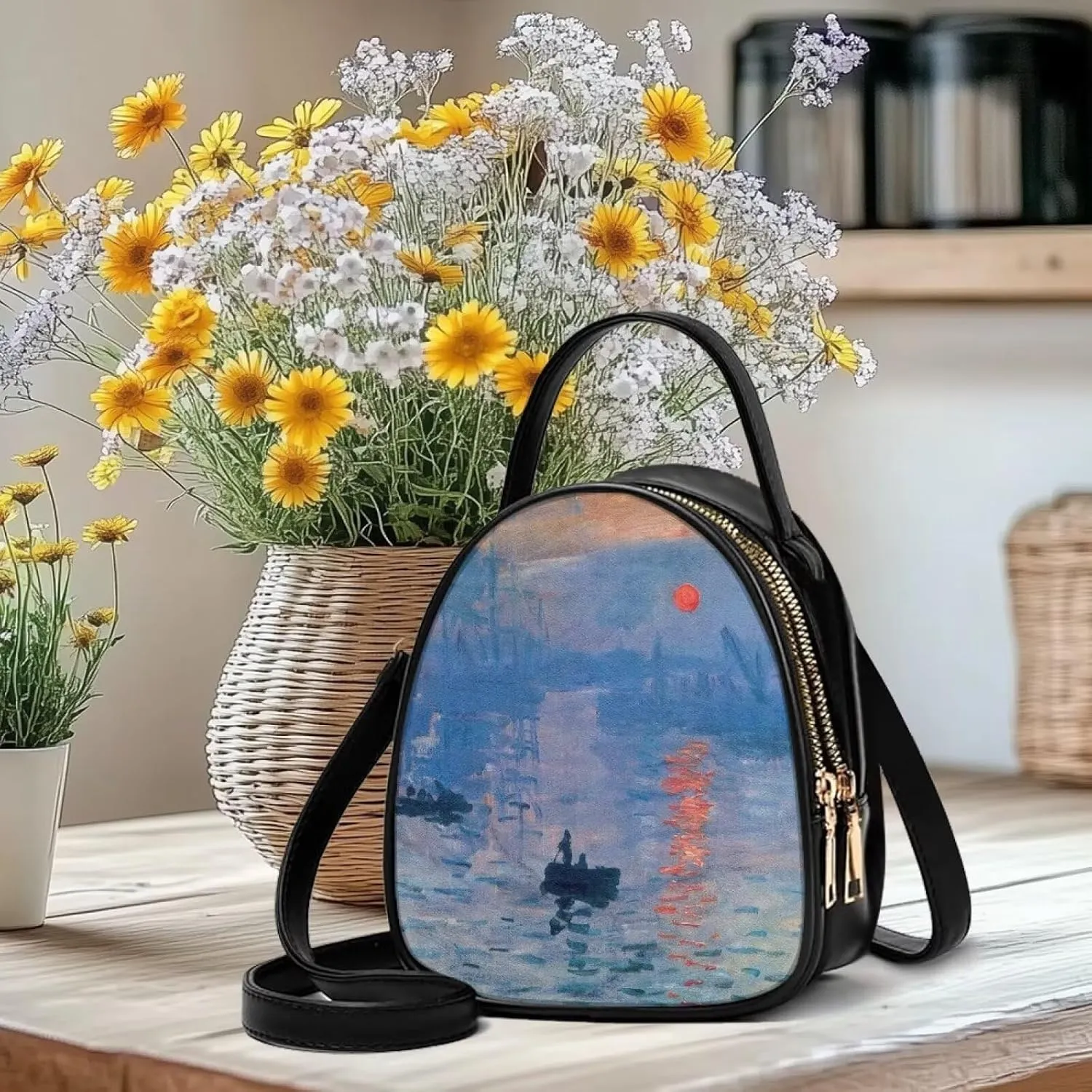 Small Crossbody Purse Bag for Women Travel, Van Gogh Monet Sling Handbag PU Leather Phone Holder for Art Lover