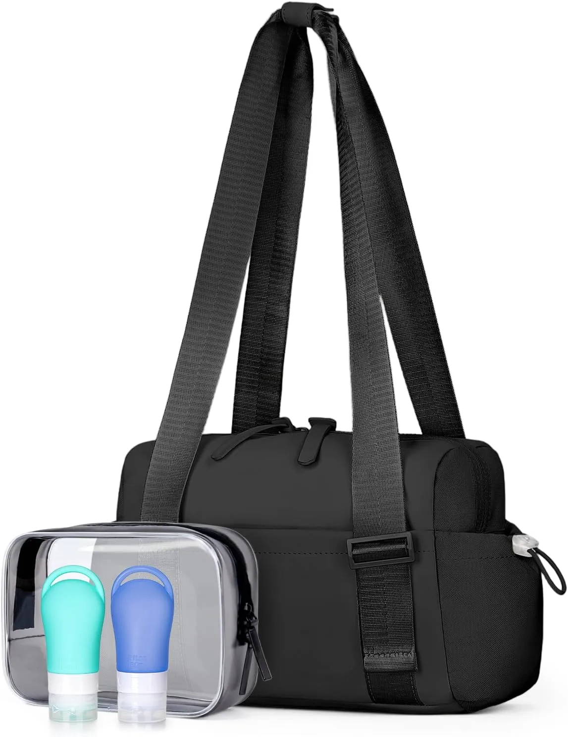 Small Gym Bag for Women - Mini Gym Duffle Bag 4 PCS Set with Wet Compartment, Small Travel Tote Cute Workout Sport Bag with Toiletry Cosmetic Silicone Travel Bottles