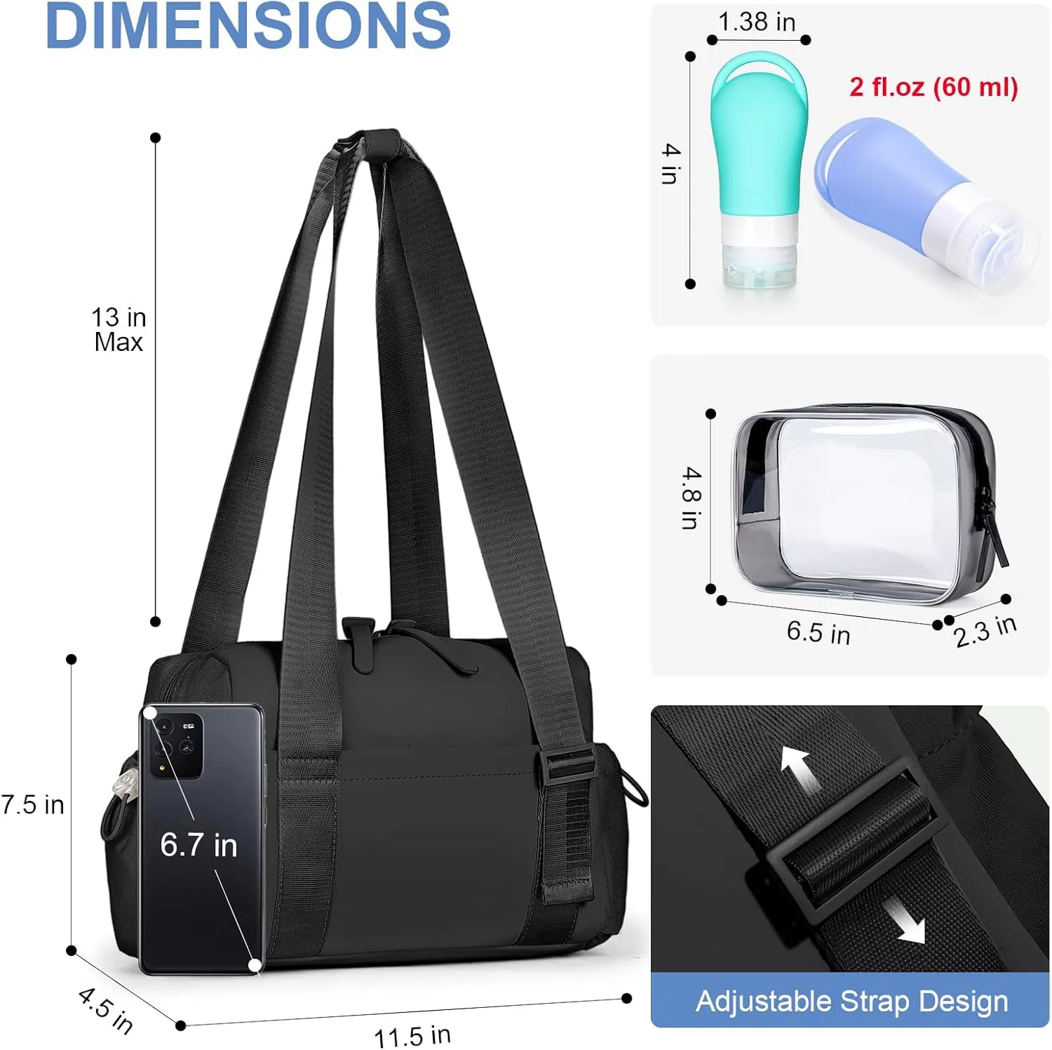 Small Gym Bag for Women - Mini Gym Duffle Bag 4 PCS Set with Wet Compartment, Small Travel Tote Cute Workout Sport Bag with Toiletry Cosmetic Silicone Travel Bottles