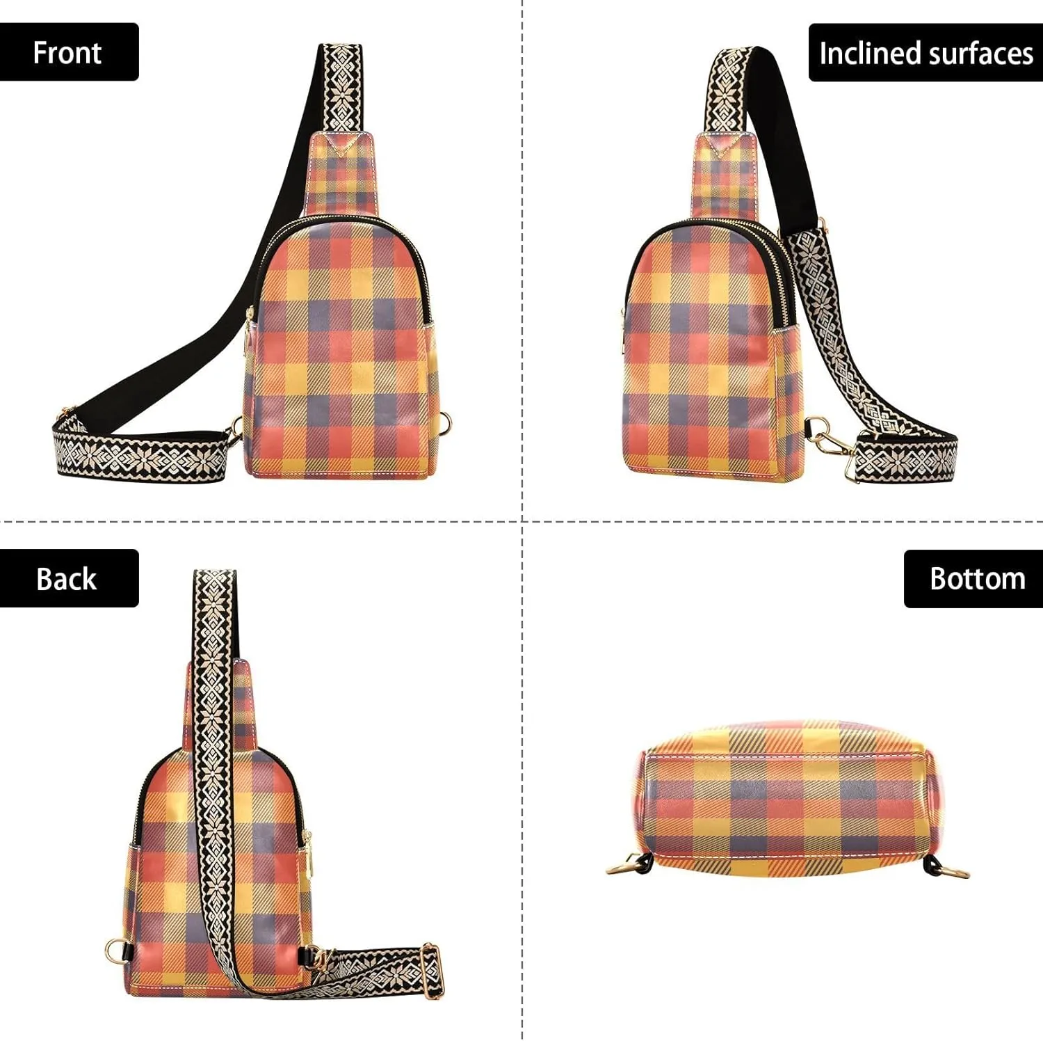 Small Sling Bag for Women Crossbody Fall Autumn Trendy Crossbody Bag Fashion Waist Packs Orange Buffalo Plaid Leather Chest Bag for Women Fanny Pack with Guitar Strap Travel Outdoor Outfit