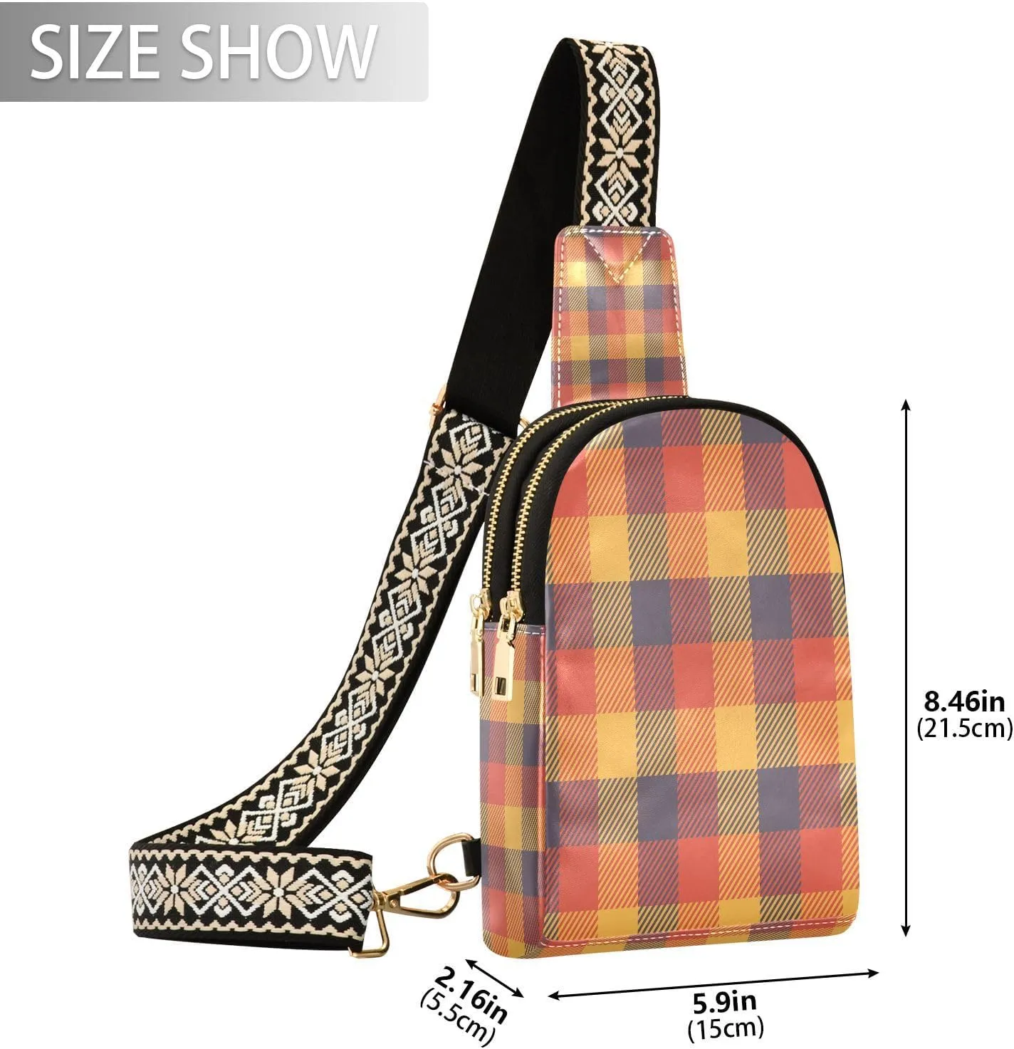 Small Sling Bag for Women Crossbody Fall Autumn Trendy Crossbody Bag Fashion Waist Packs Orange Buffalo Plaid Leather Chest Bag for Women Fanny Pack with Guitar Strap Travel Outdoor Outfit