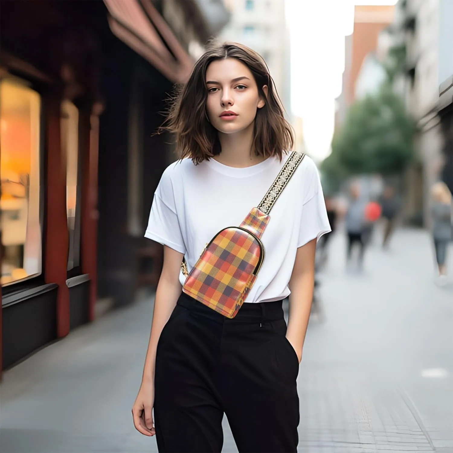 Small Sling Bag for Women Crossbody Fall Autumn Trendy Crossbody Bag Fashion Waist Packs Orange Buffalo Plaid Leather Chest Bag for Women Fanny Pack with Guitar Strap Travel Outdoor Outfit