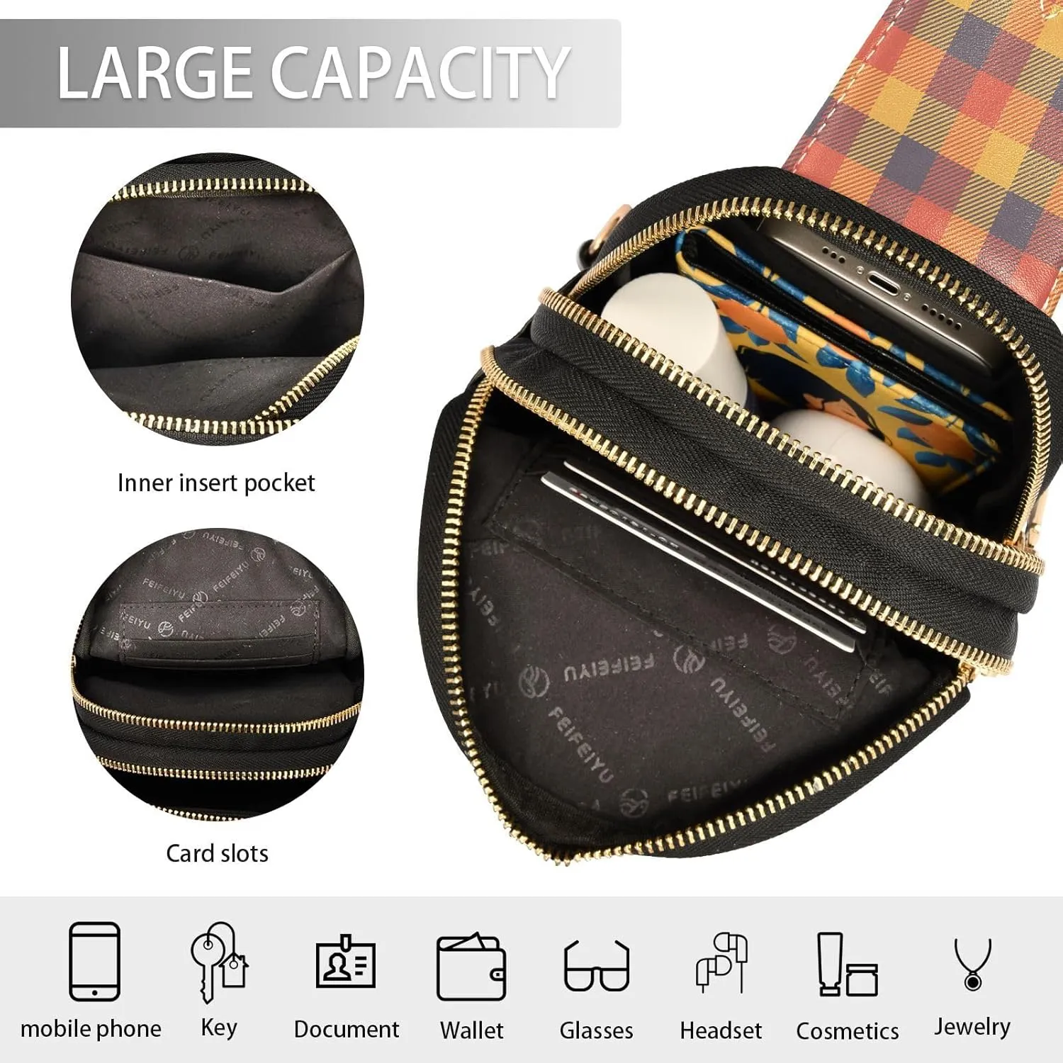 Small Sling Bag for Women Crossbody Fall Autumn Trendy Crossbody Bag Fashion Waist Packs Orange Buffalo Plaid Leather Chest Bag for Women Fanny Pack with Guitar Strap Travel Outdoor Outfit