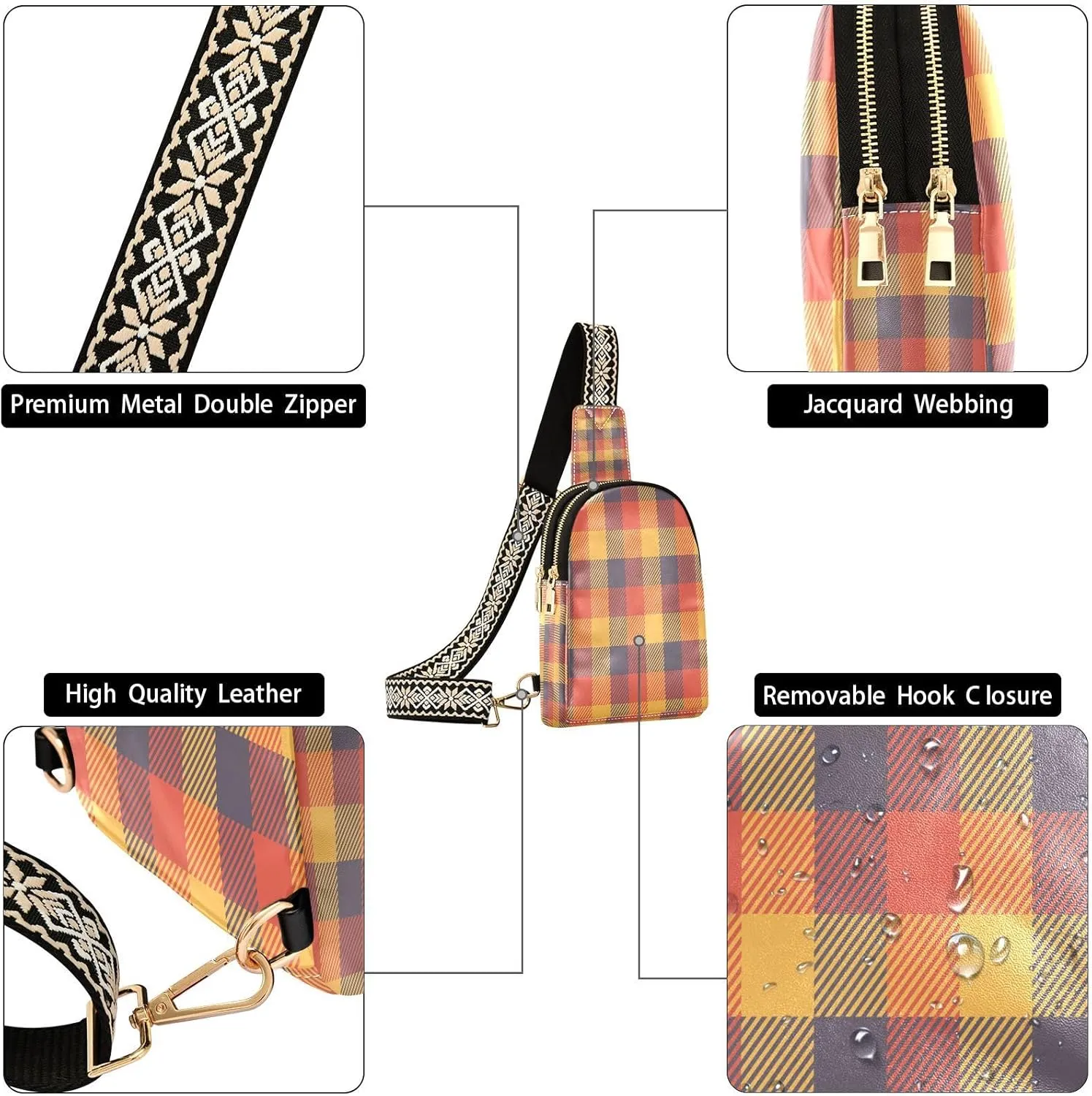 Small Sling Bag for Women Crossbody Fall Autumn Trendy Crossbody Bag Fashion Waist Packs Orange Buffalo Plaid Leather Chest Bag for Women Fanny Pack with Guitar Strap Travel Outdoor Outfit