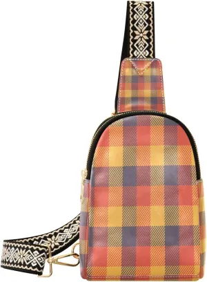 Small Sling Bag for Women Crossbody Fall Autumn Trendy Crossbody Bag Fashion Waist Packs Orange Buffalo Plaid Leather Chest Bag for Women Fanny Pack with Guitar Strap Travel Outdoor Outfit